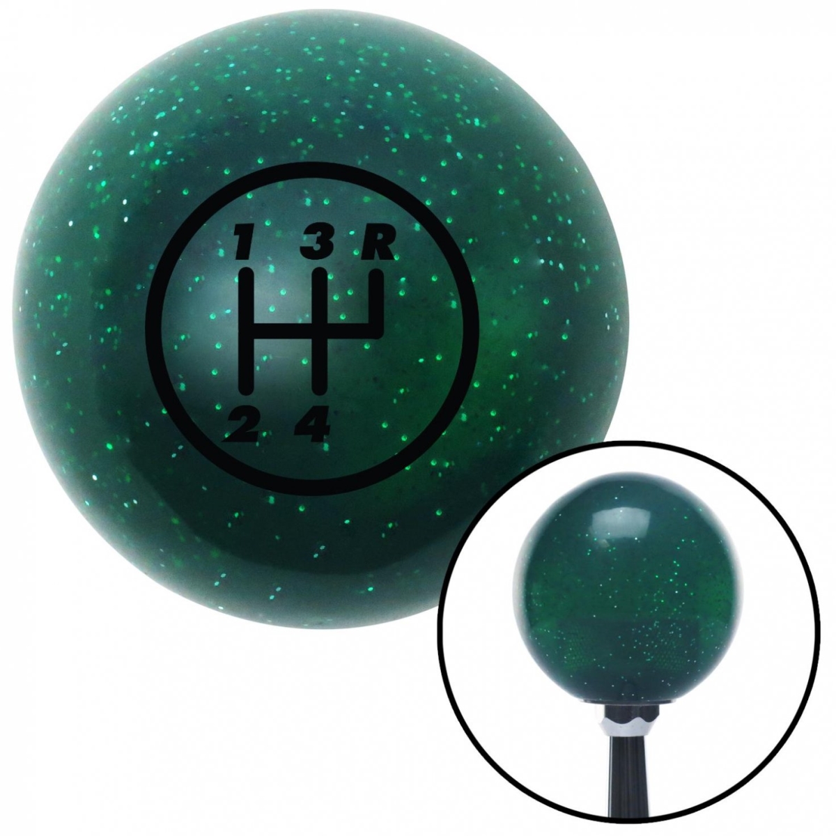 American Shifter 60498 Black 4 Speed Shift Pattern - 4RUR Green Metal Flake Shift Knob - M16 x 1.5 Insert