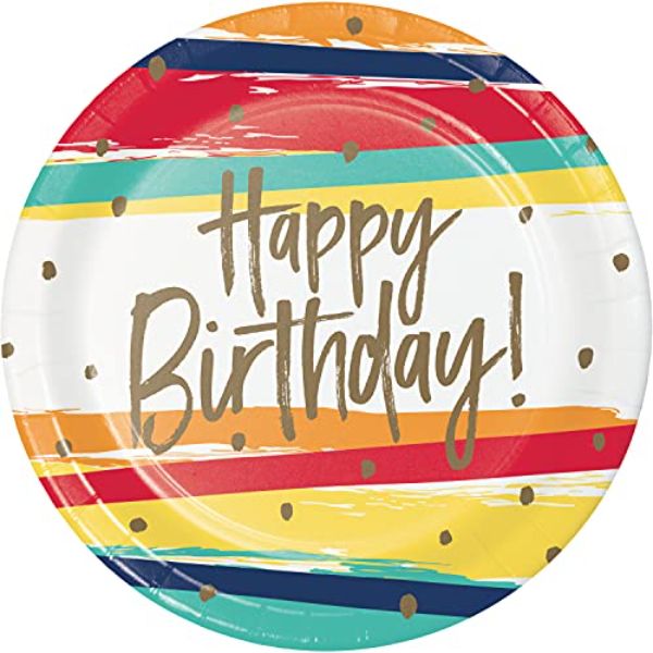 9 in. Birthday Stripes Dinner Paper Plate, Multi Color