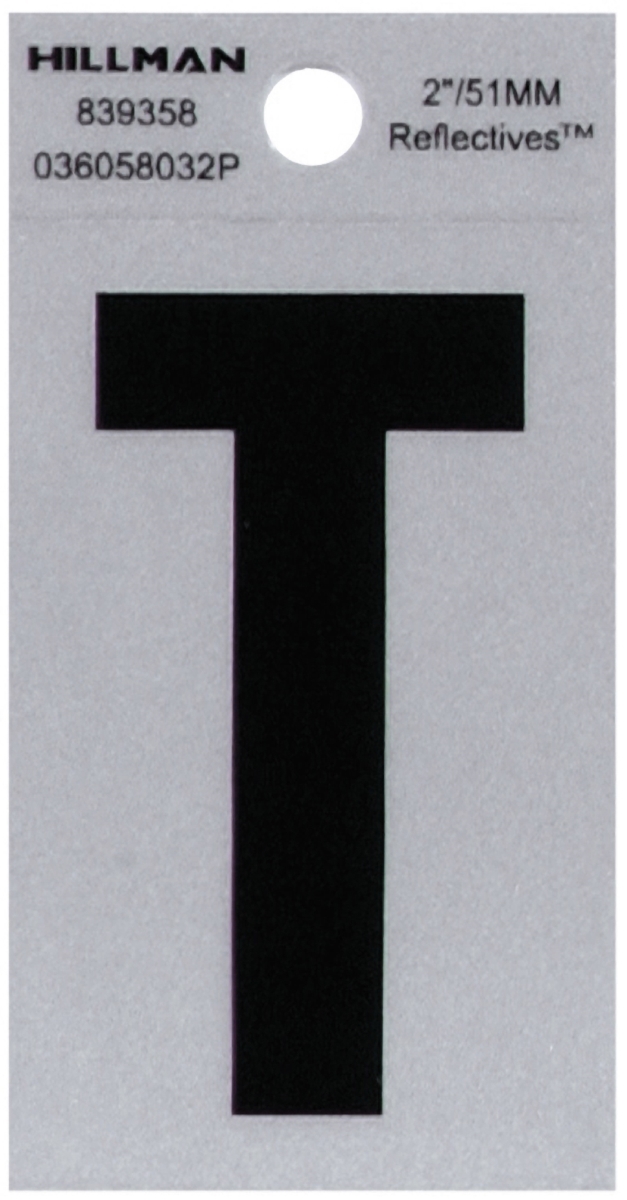 2 in. Black & Silver Reflective Mylar Square Cut Self Adhesive Letter - T