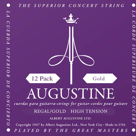 Augustine HLSETREGGOLDPK Regal Gold High Tension Nylon Guitar Strings, Pack of 12