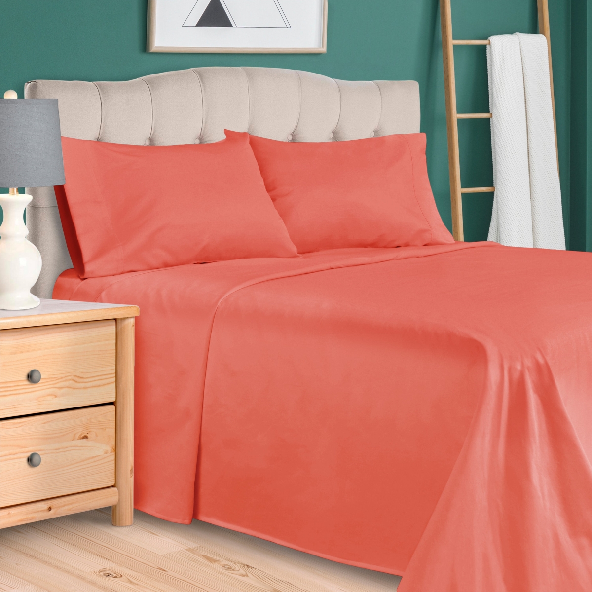 300SKSH SLCO Superior Egyptian Cotton 300 Thread Count Solid Deep Pocket Bed Sheet Set, Coral - Split King Size
