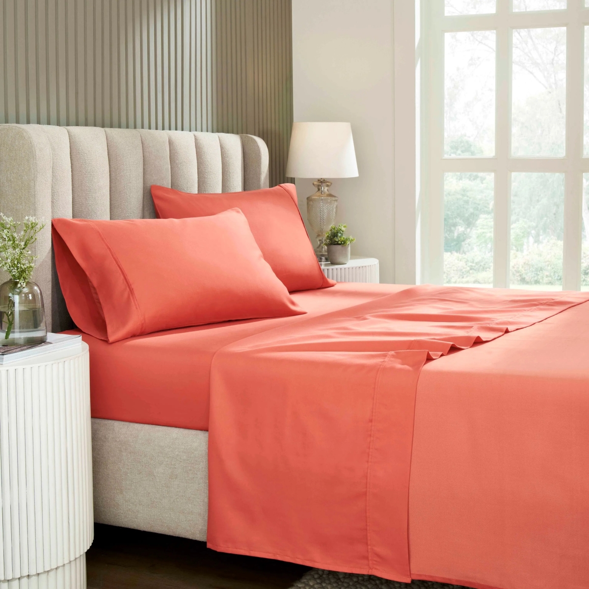 CR1200FLSH SLCO 1200 Thread Count Cotton Blend Solid Deep Pocket Bed Sheet Set, Coral - Full Size - 4 Piece