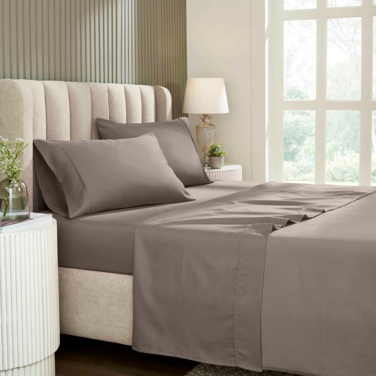 CR1200SKSH SLGR 1200 Thread Count Cotton Blend Solid Deep Pocket Bed Sheet Set, Gray - Split King Size - 5 Piece