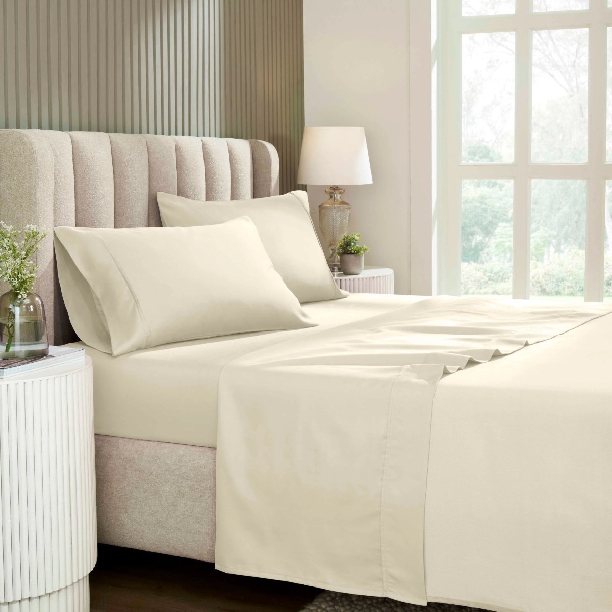 CR1200SKSH SLIV 1200 Thread Count Cotton Blend Solid Deep Pocket Bed Sheet Set, Ivory - Split King Size - 5 Piece