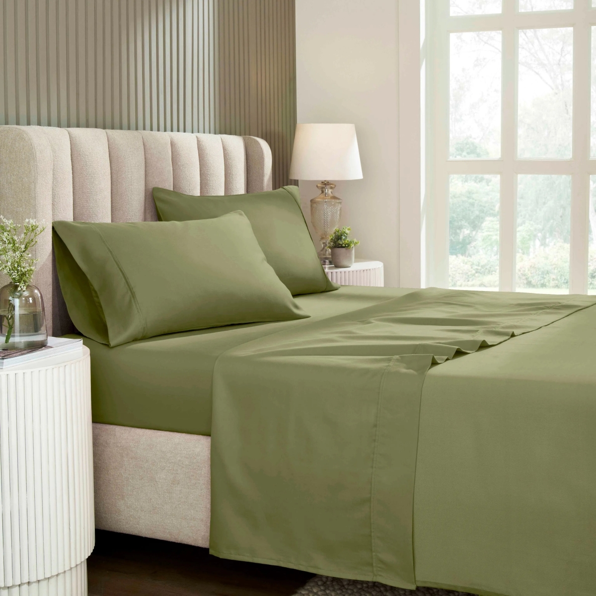 CR1200SKSH SLSG 1200 Thread Count Cotton Blend Solid Deep Pocket Bed Sheet Set, Sage - Split King Size - 5 Piece