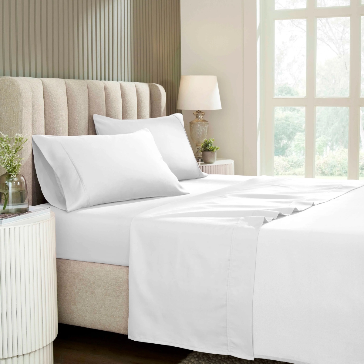 CR1200SKSH SLWH 1200 Thread Count Cotton Blend Solid Deep Pocket Bed Sheet Set, White - Split King Size - 5 Piece