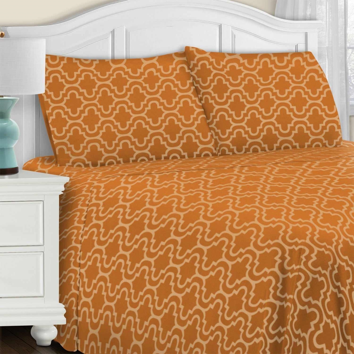 FLACKSH TRPM Traditional Cotton Flannel Solid Trellis Deep Pocket Sheet Set, Pumpkin - California King Size