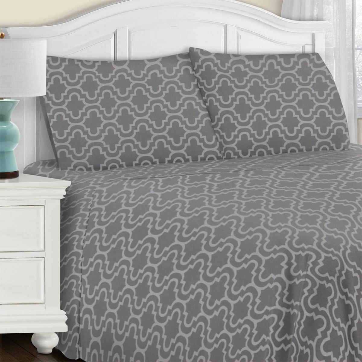 FLAFLSH TRGR Traditional Cotton Flannel Solid Trellis Deep Pocket Sheet Set, Grey - Full Size