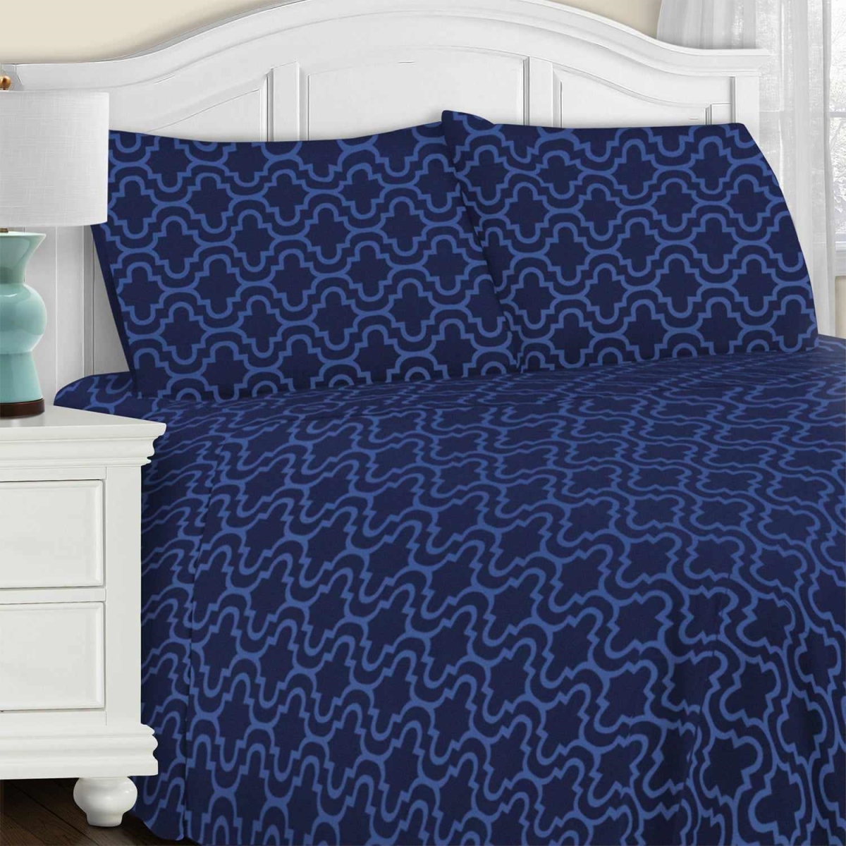 FLAFLSH TRNB Traditional Cotton Flannel Solid Trellis Deep Pocket Sheet Set, Navy Blue - Full Size