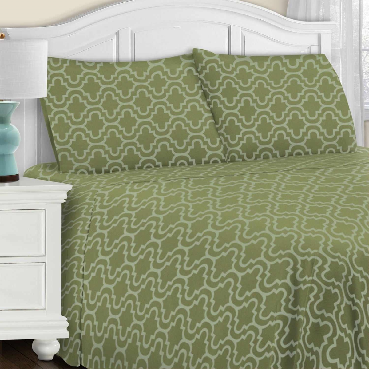 FLAFLSH TRSG Traditional Cotton Flannel Solid Trellis Deep Pocket Sheet Set, Sage - Full Size