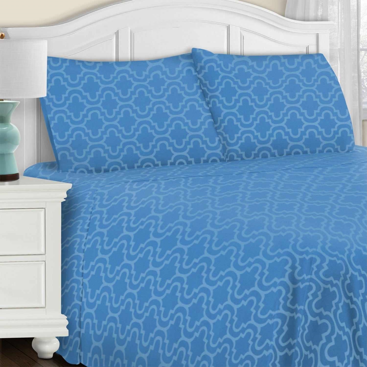 FLAKGSH TRLB Traditional Cotton Flannel Solid Trellis Deep Pocket Sheet Set, Light Blue - King Size