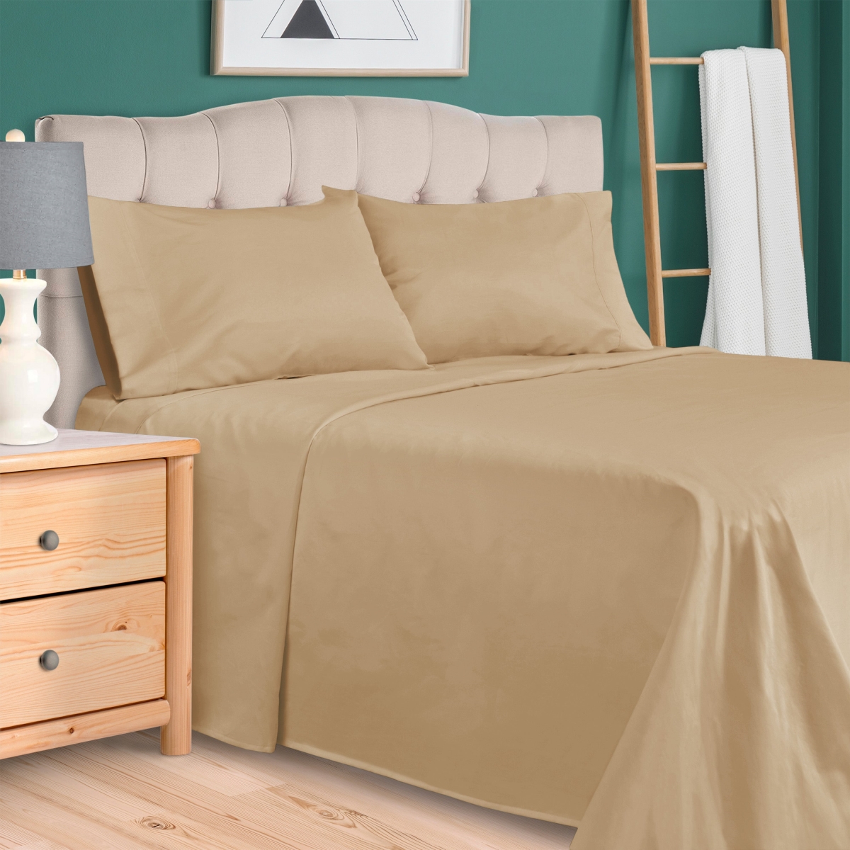 300FLSH SLTN Superior Egyptian Cotton 300 Thread Count Solid Deep Pocket Bed Sheet Set, Tan - Full Size