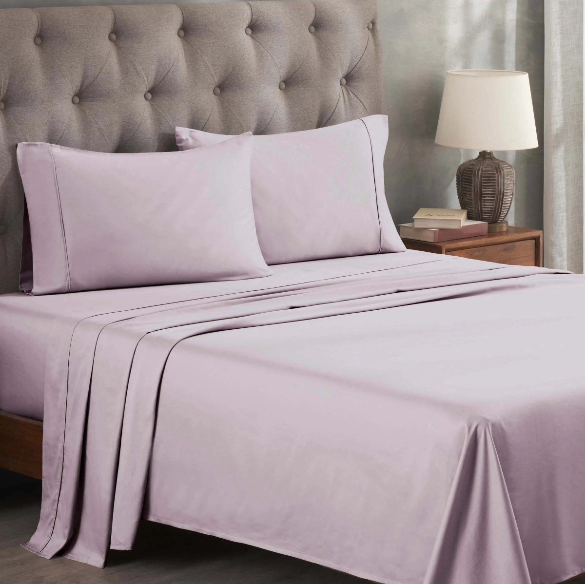 300TWSH SLLI 300 Thread Count Superior Egyptian Cotton Solid Deep Pocket Bed Sheet Set, Lilac - Twin Size