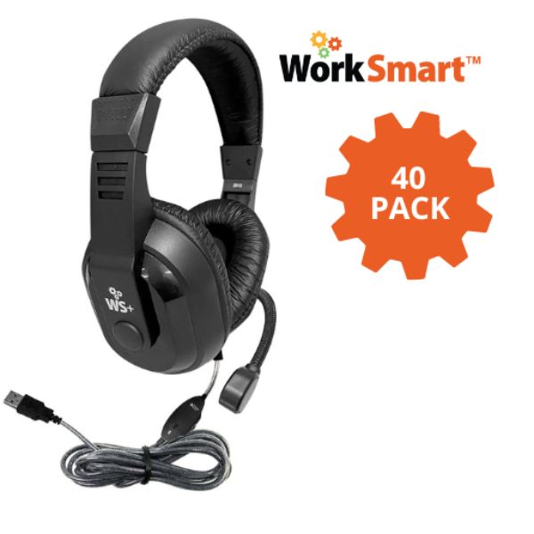 Picture of HamiltonBuhl WSP2BK-40 WorkSmart Plus Deluxe-Sized USB Headset with Boom Gooseneck Microphone&#44; Padded Headband & Leatherette Ear Cushions - Pack of 40