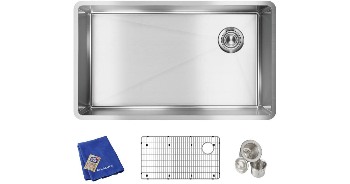 Picture of Elkay ECTRU30179RTC 31.5 x 18.5 x 9 in. Crosstown 18 Gauge Undermount Single Basin Stainless Steel Kitchen Sink with Basin Rack & Basket Strainer