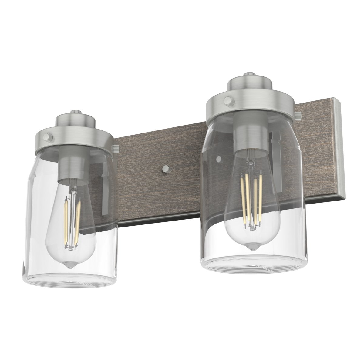 Picture of Hunter 48019 8.5 in. Devon Park Brushed Nickel & Gray Wood with Clear Glass 2 Light Bathroom Vanity Wall Light Fixture
