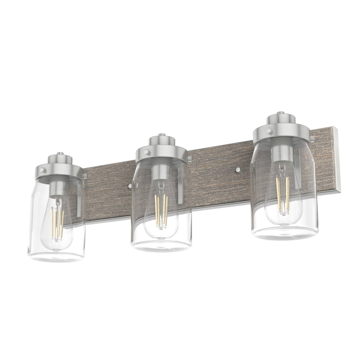 Picture of Hunter 48020 8.5 in. Devon Park Brushed Nickel & Gray Wood with Clear Glass 3 Light Bathroom Vanity Wall Light Fixture