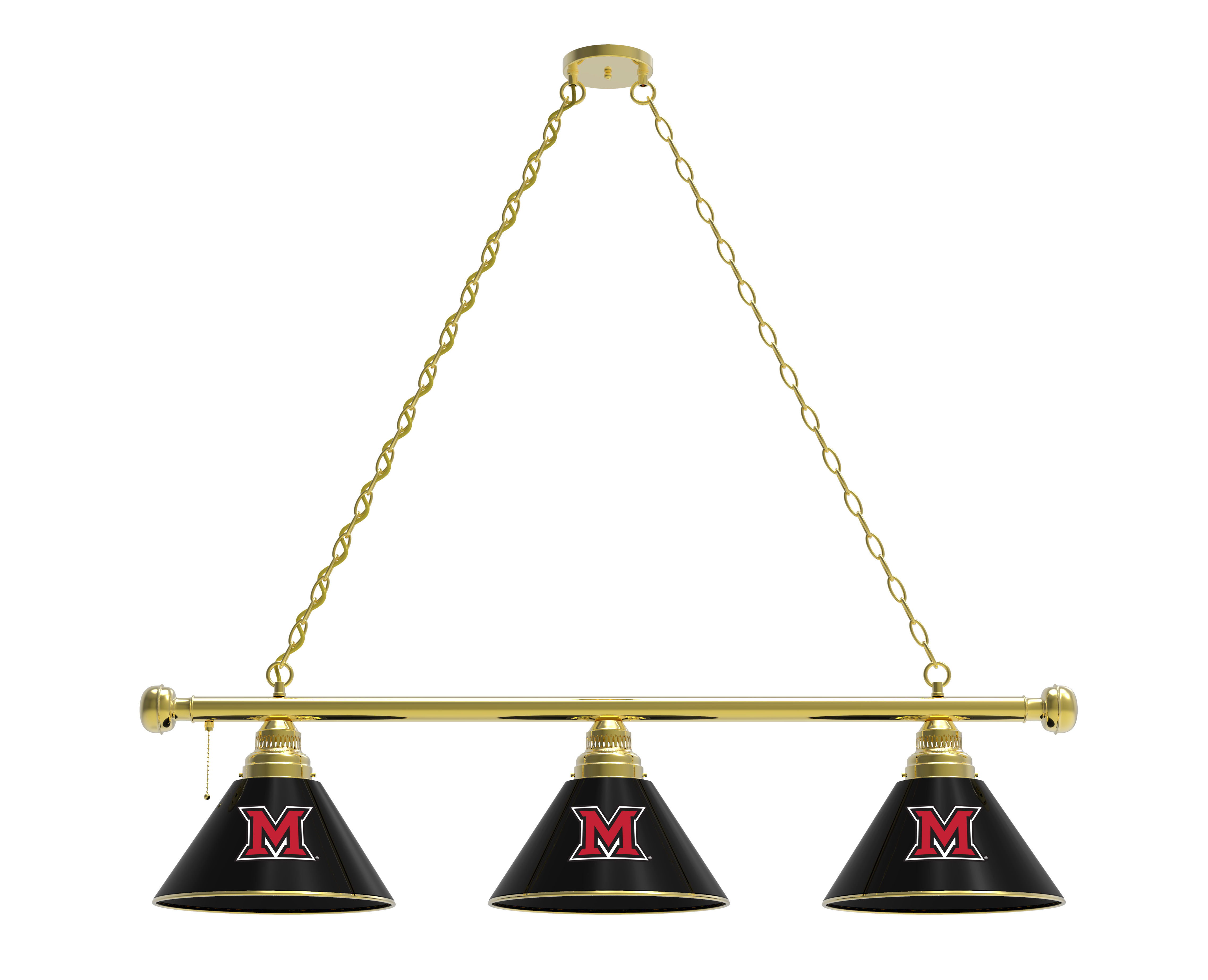 BL3BRMia-OH Miami Redhawks 3 Shade Pool Billiard Light- Brass