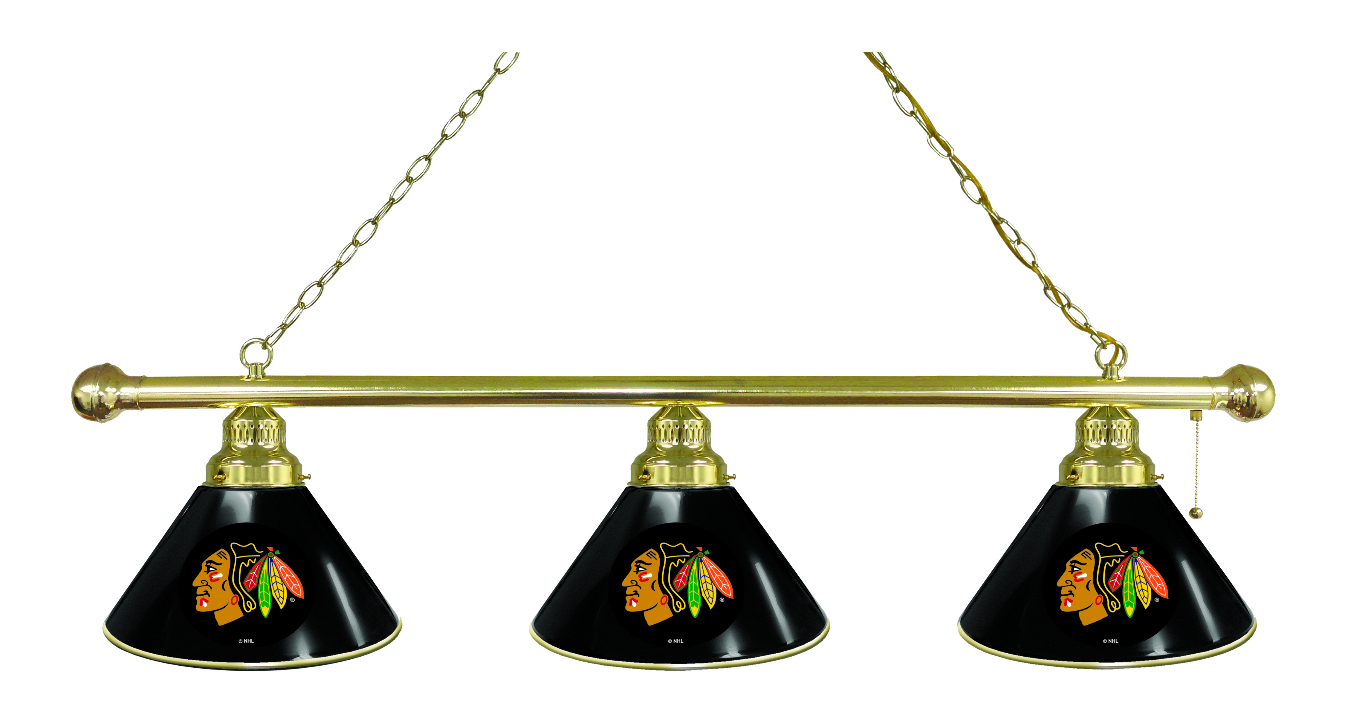 BL3BRChiHwk-B Chicago Blackhawks 3 Shade Pool Billiard Light With Black- Brass