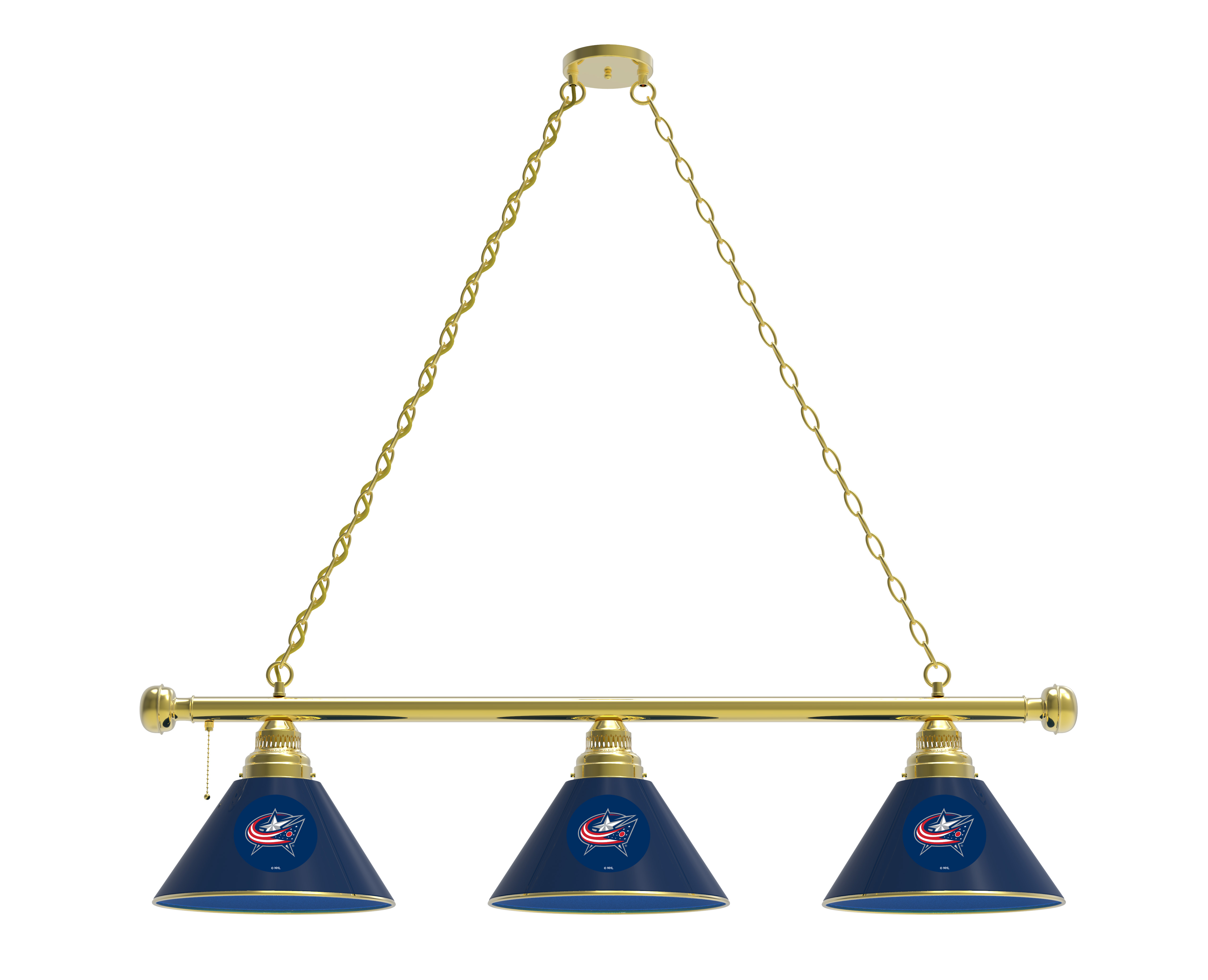 BL3BRColBlu Columbus Blue Jackets 3 Shade Pool Billiard Light- Brass
