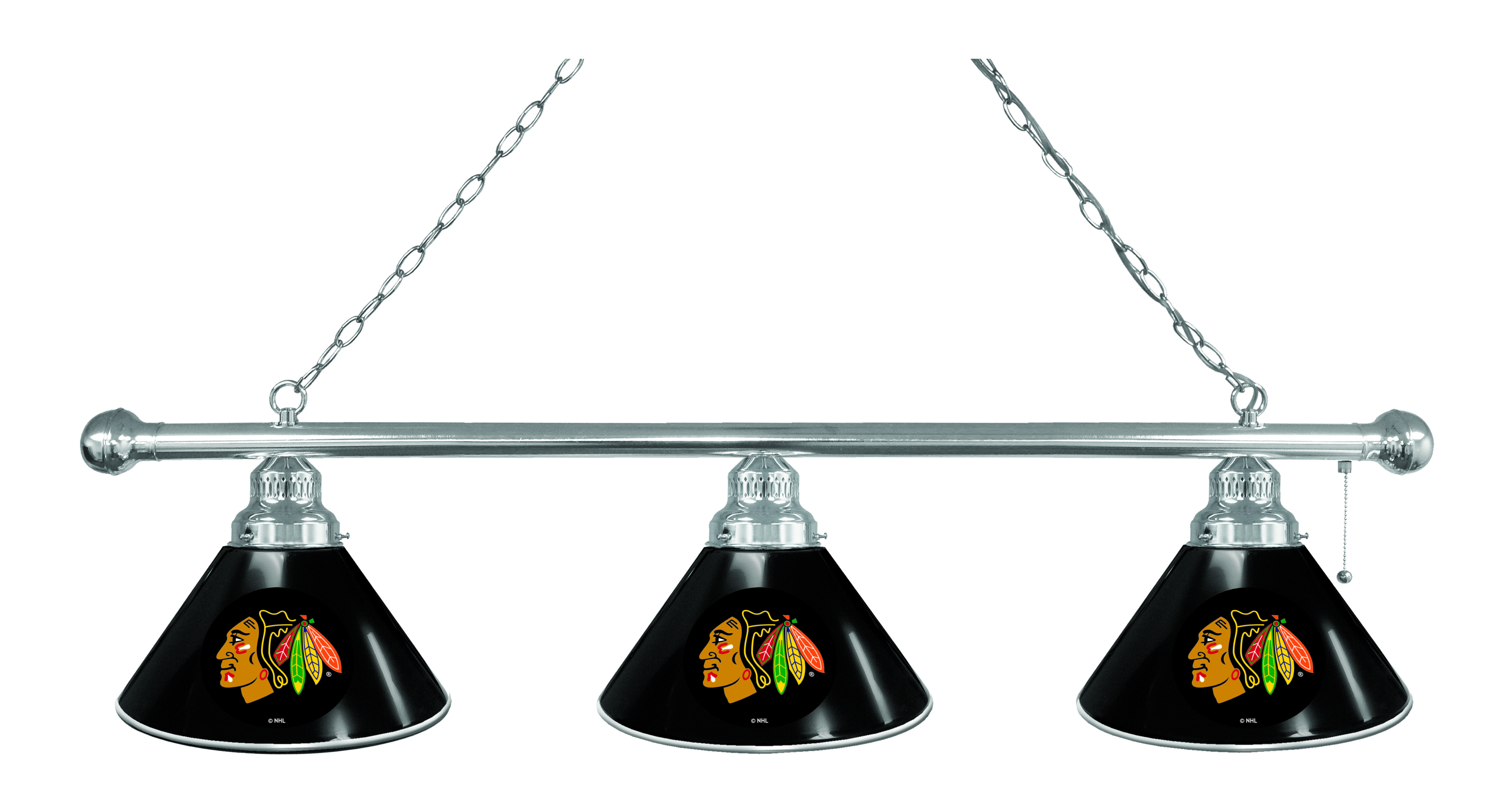 BL3CHChiHwk-B Chicago Blackhawks 3 Shade Pool Billiard Light- Black- Chrome