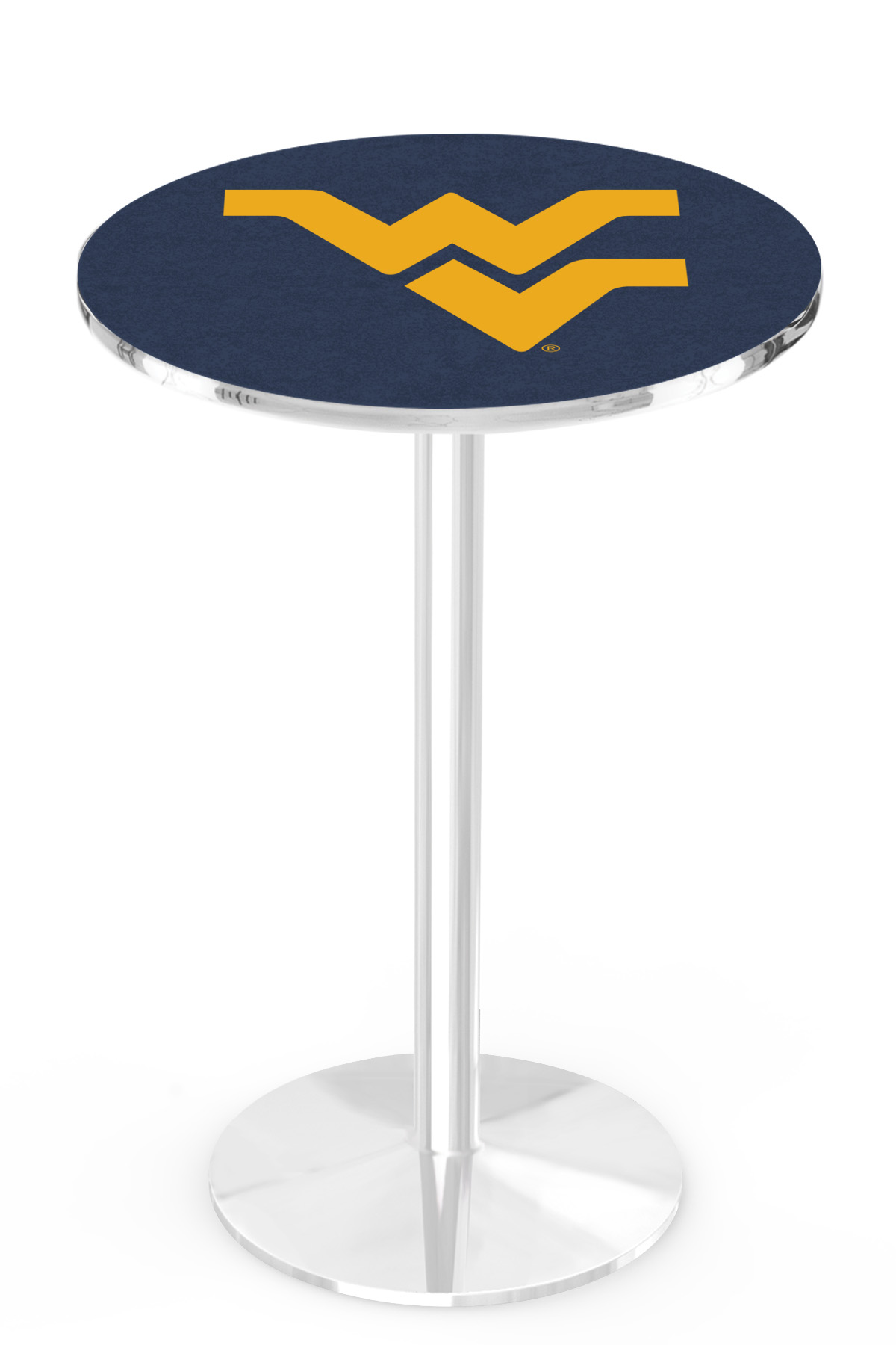 L214 West Virginia University 36" Tall - 30" Top Pub Table with Chrome Finish