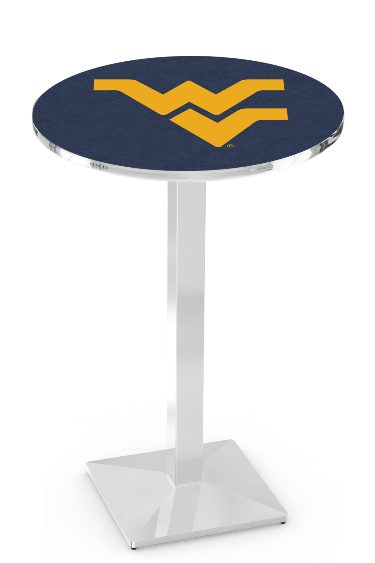 L217 West Virginia University 36" Tall - 30" Top Pub Table with Chrome Finish