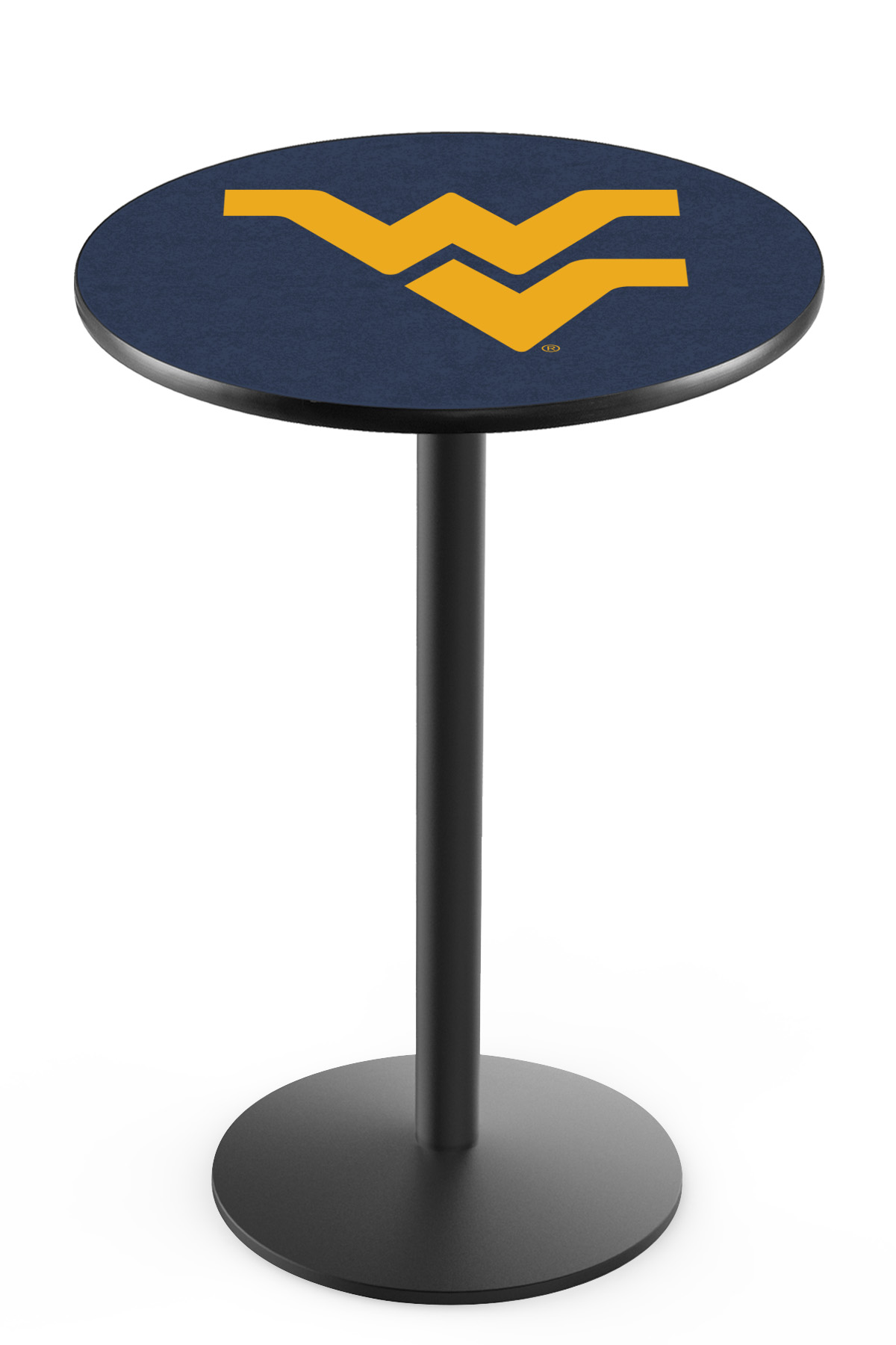 L214 West Virginia University 36" Tall - 36" Top Pub Table with Black Wrinkle Finish