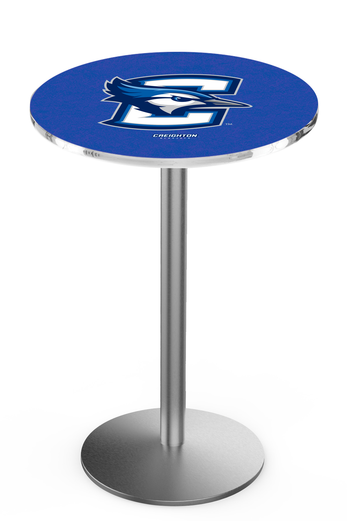 L214 Creighton University 36" Tall - 36" Top Pub Table with Stainless Finish