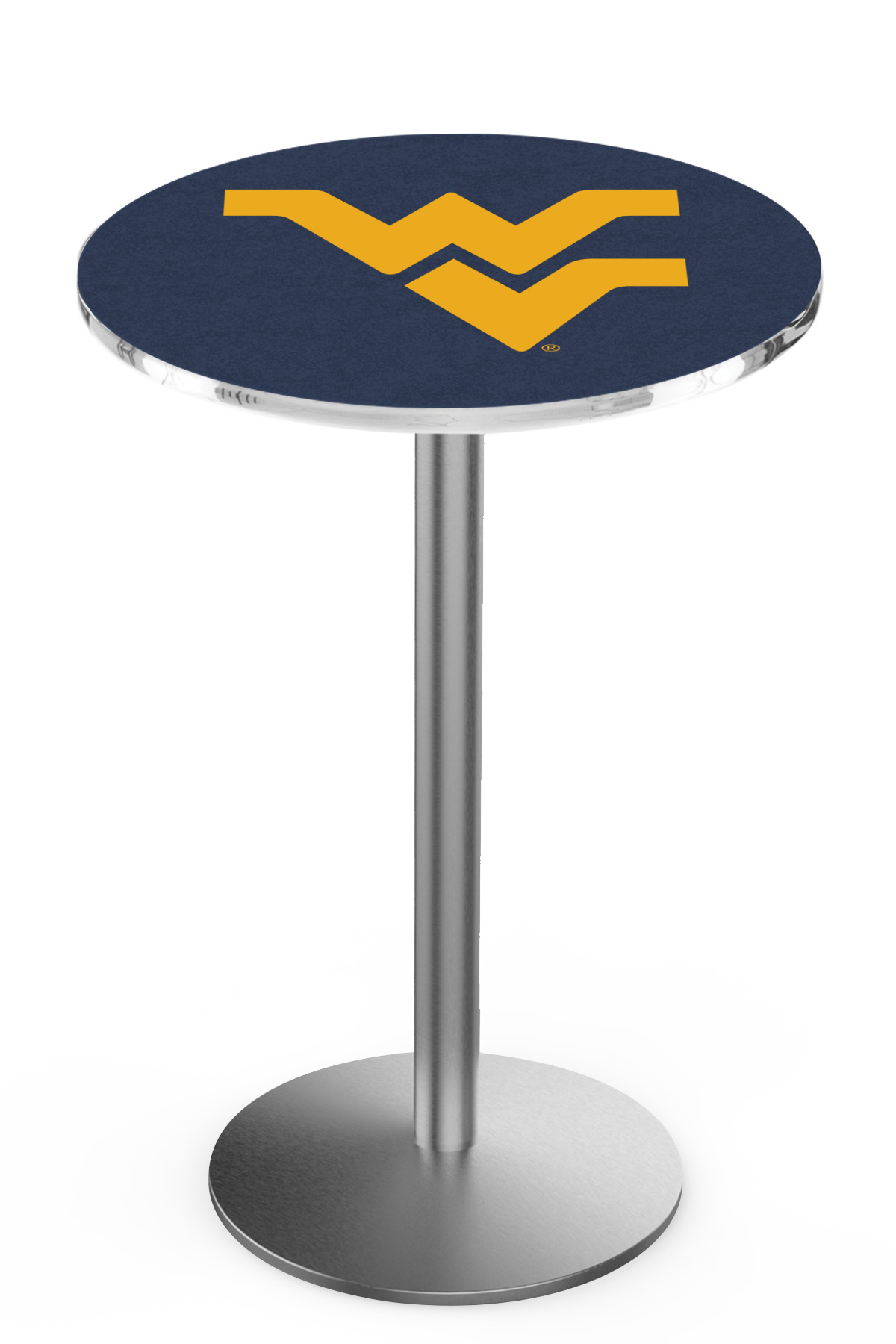 L214 West Virginia University 36" Tall - 36" Top Pub Table with Stainless Finish