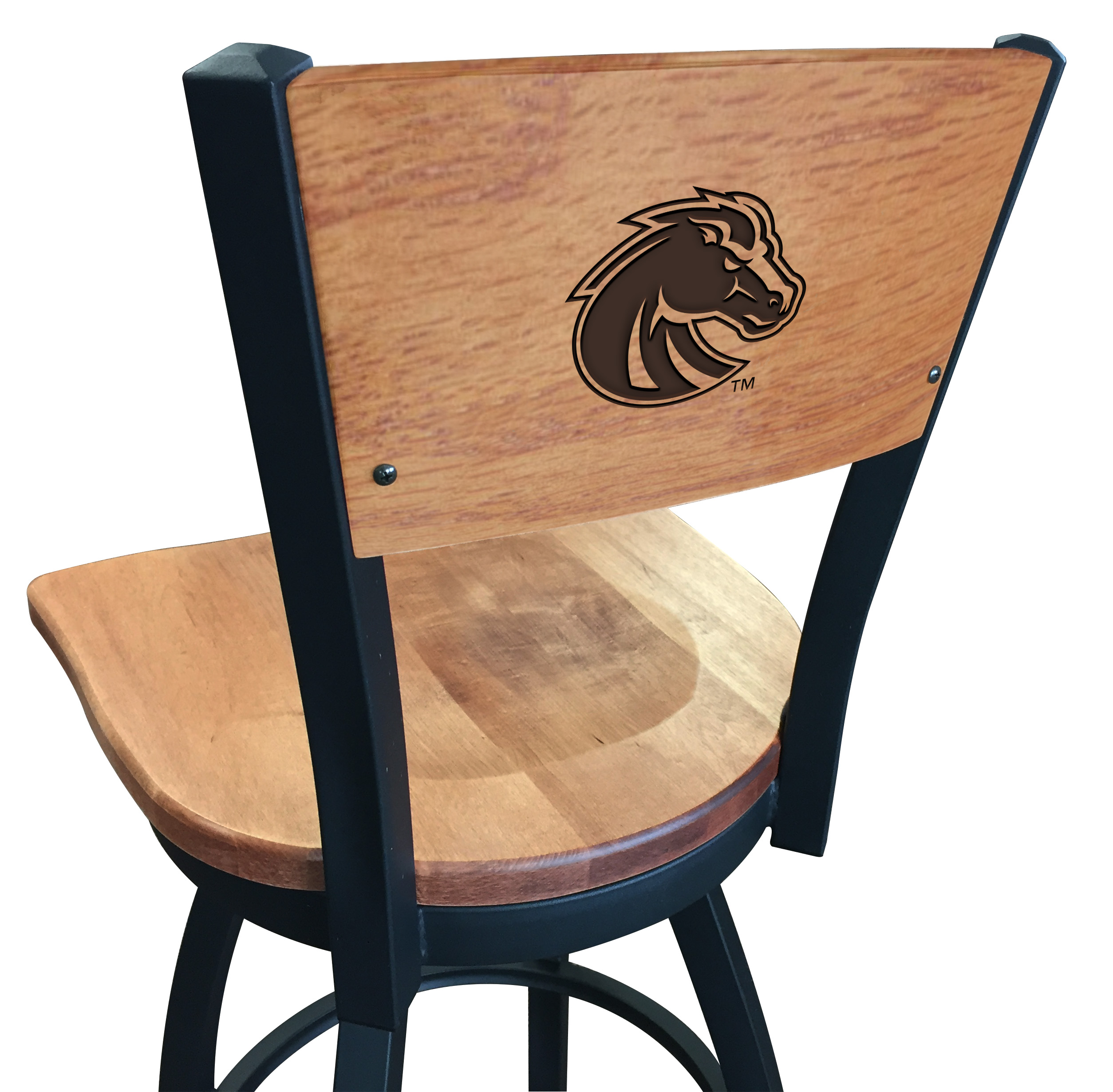 Picture of Holland Bar Stool L03825BWMedMplABoiseSMedMpl 25 in. L038 - Black Wrinkle Boise State Swivel Bar Stool with Laser Engraved Back