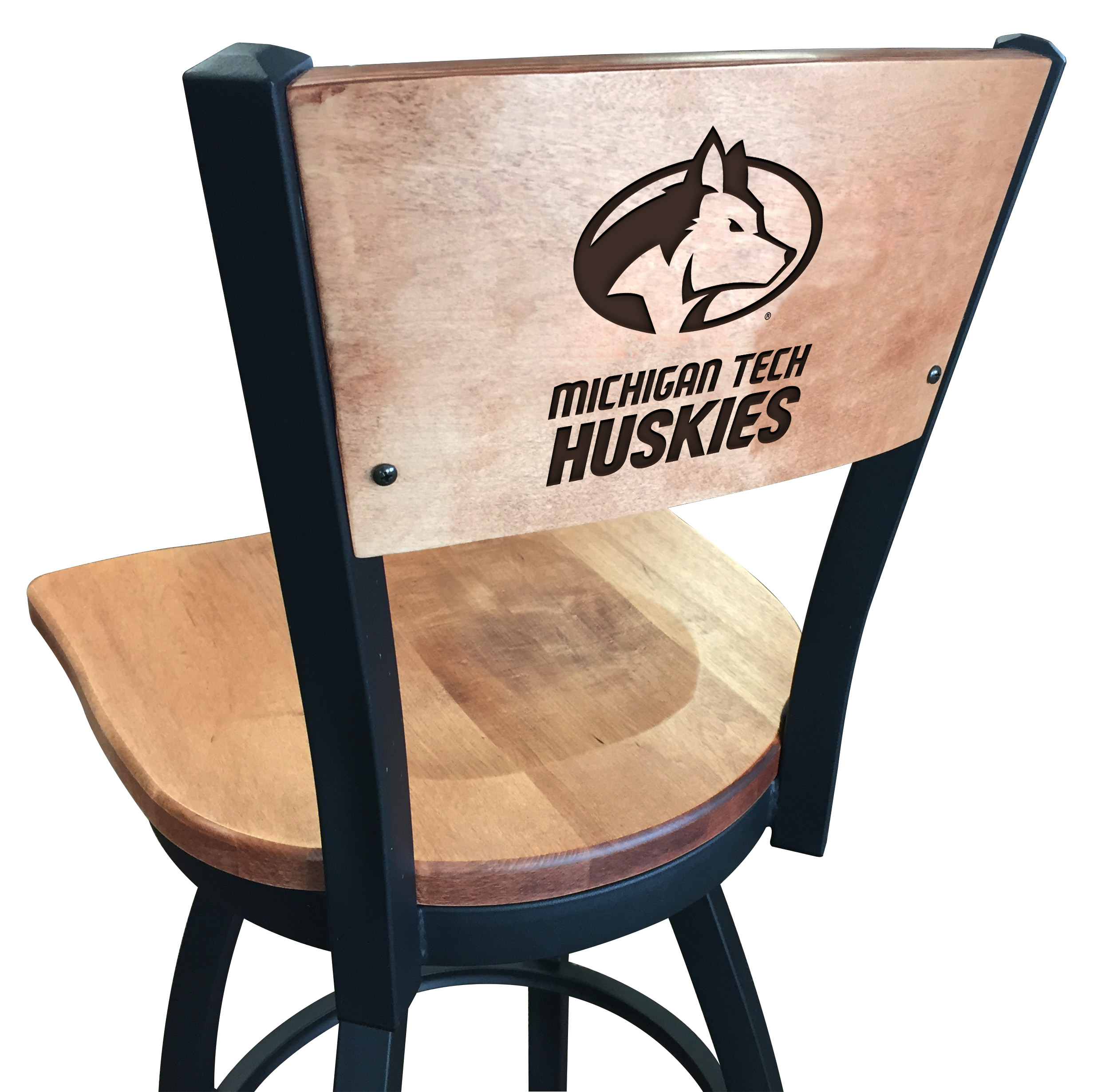 Picture of Holland Bar Stool L03830BWMedMplAMITechMedMpl 30 in. L038 - Black Wrinkle Michigan Tech Swivel Bar Stool with Laser Engraved Back