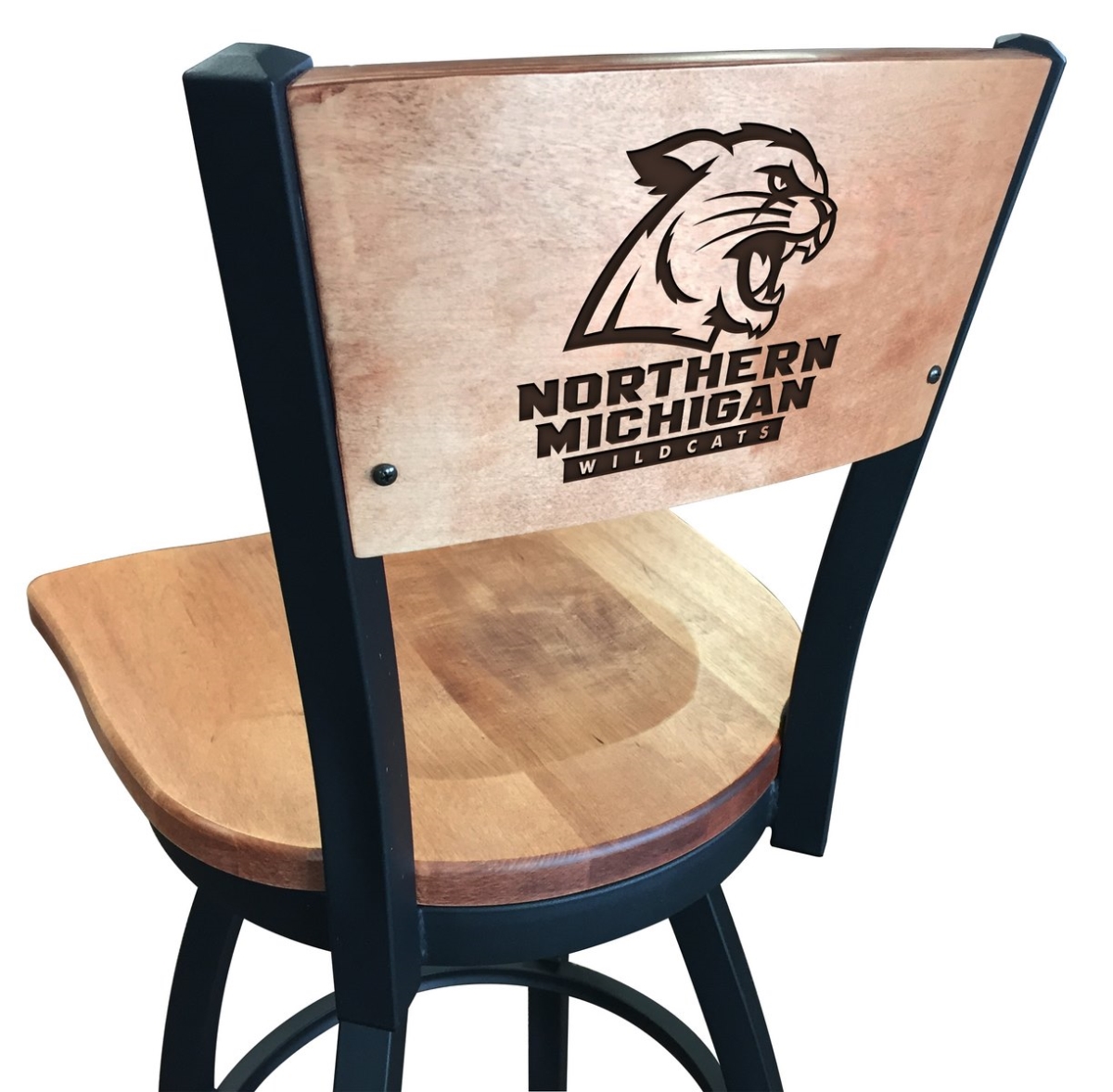 Picture of Holland Bar Stool L03830BWMedMplANorMicMedMpl 30 in. L038 - Black Wrinkle Northern Michigan Swivel Bar Stool with Laser Engraved Back
