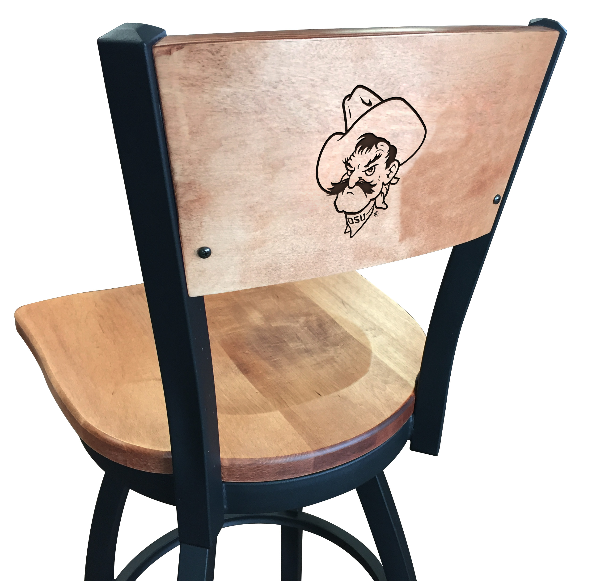 Picture of Holland Bar Stool L03830BWMedMplAOKStUnMedMpl 30 in. L038 - Black Wrinkle Oklahoma State Swivel Bar Stool with Laser Engraved Back