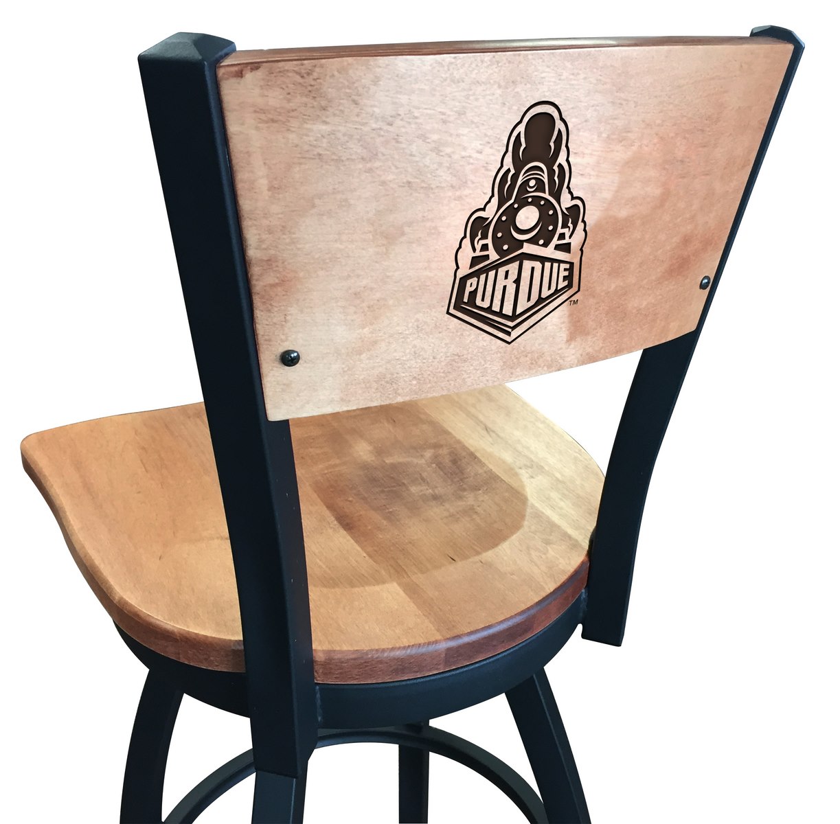 Picture of Holland Bar Stool L03830BWMedMplAPurdueMedMpl 30 in. L038 - Black Wrinkle Purdue Swivel Bar Stool with Laser Engraved Back