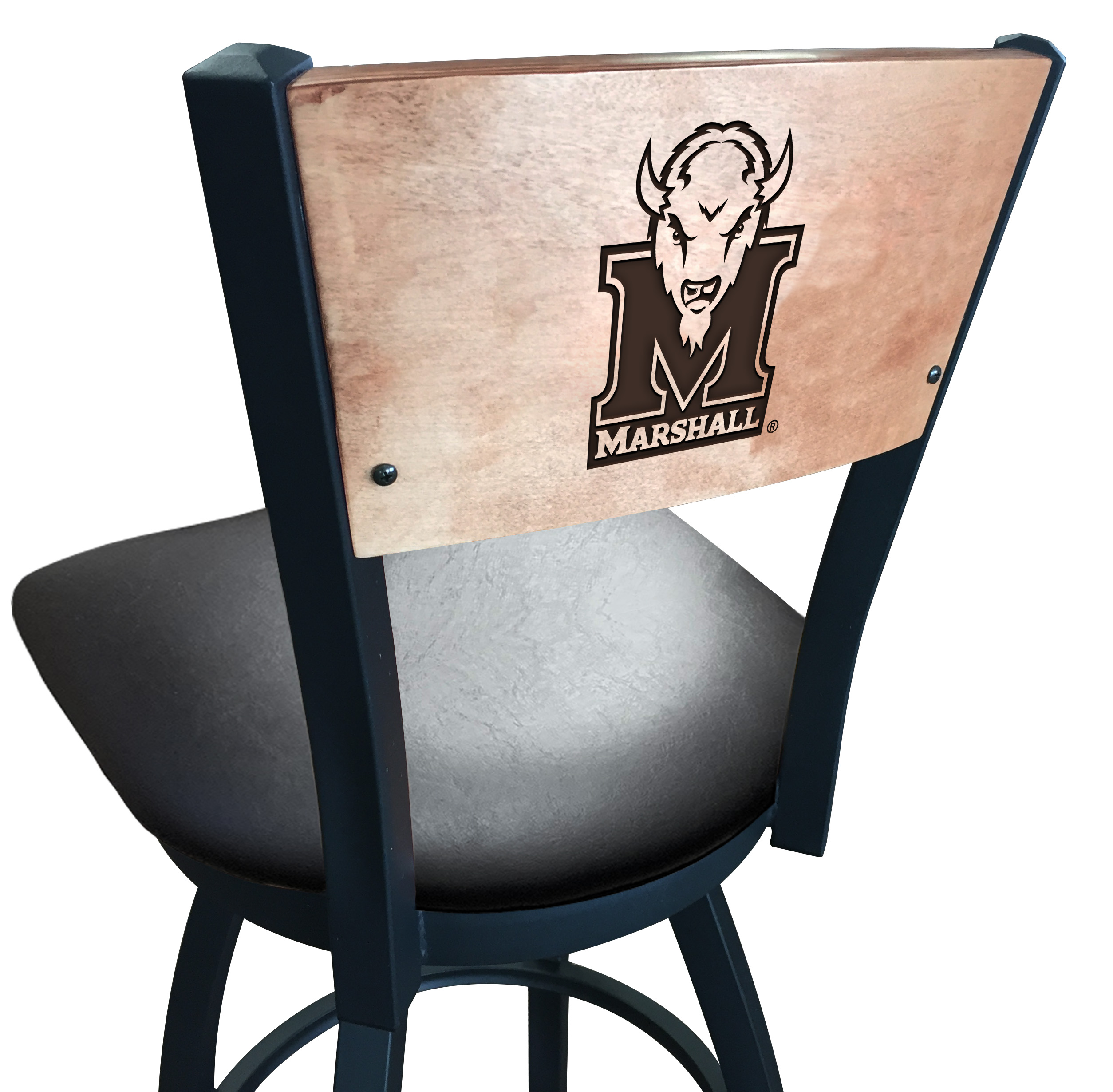 Picture of Holland Bar Stool L03825BWMedMplAMrshllBlkVinyl 25 in. L038 - Black Wrinkle Marshall Swivel Bar Stool with Laser Engraved Back