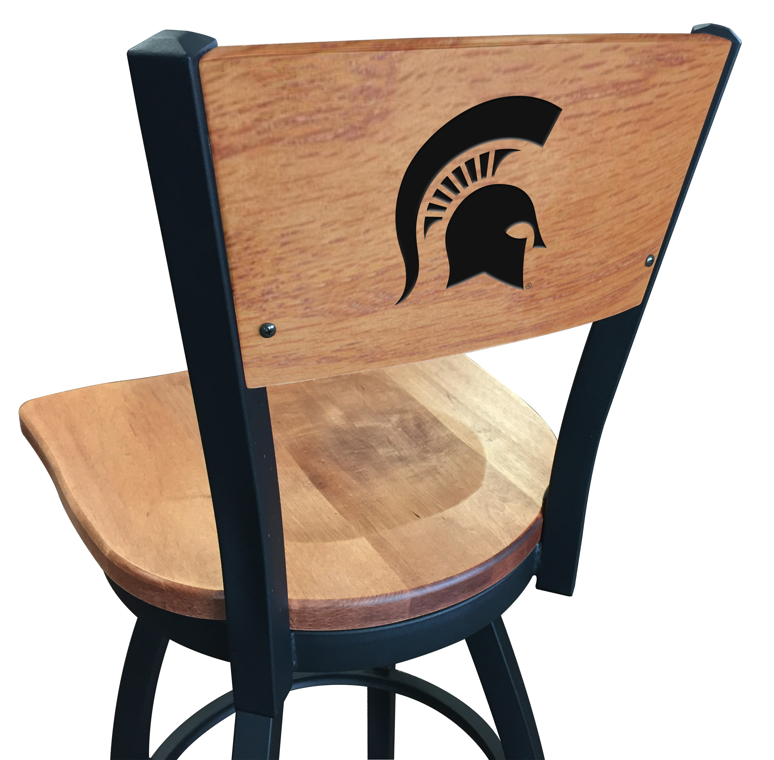 Picture of Holland Bar Stool L03825BWMedMplAMichStMedMpl 25 in. L038 - Black Wrinkle Michigan State Swivel Bar Stool with Laser Engraved Back