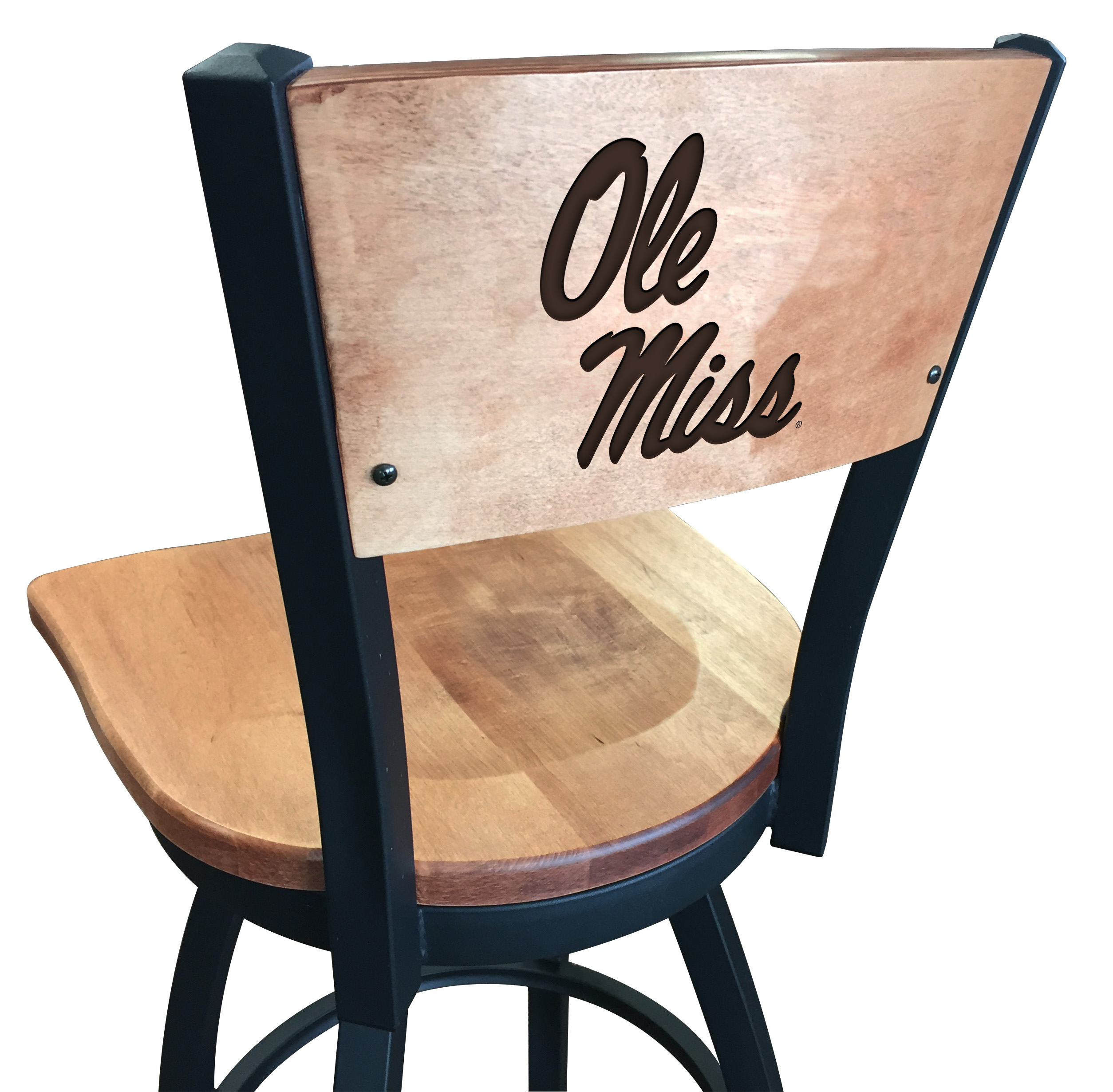 Picture of Holland Bar Stool L03825BWMedMplAMssppUMedMpl 25 in. L038 - Black Wrinkle Ole Miss Swivel Bar Stool with Laser Engraved Back