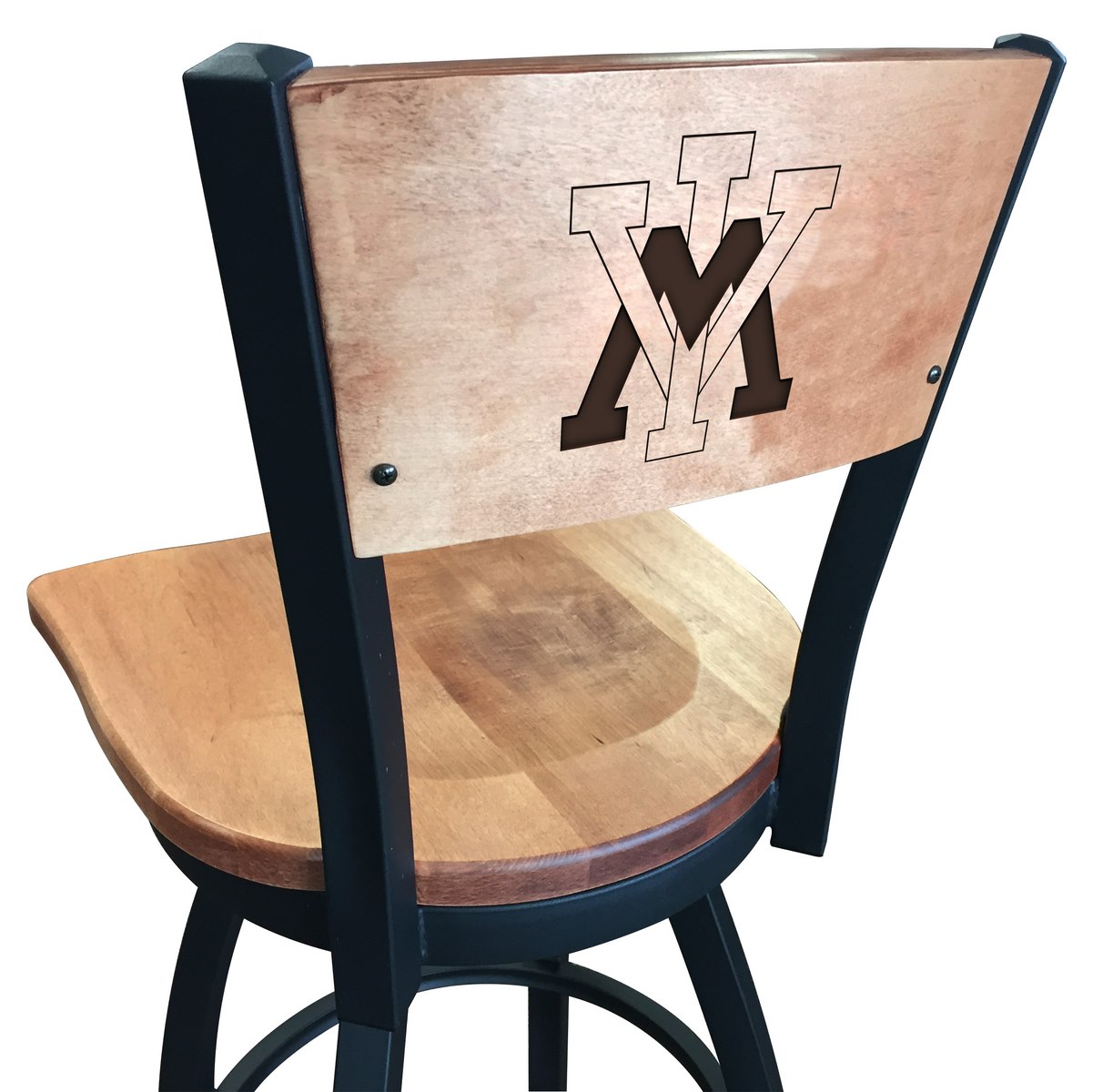 Picture of Holland Bar Stool L03825BWMedMplAVAMilIMedMpl 25 in. L038 - Black Wrinkle Virginia Military Institute Swivel Bar Stool with Laser Engraved Back