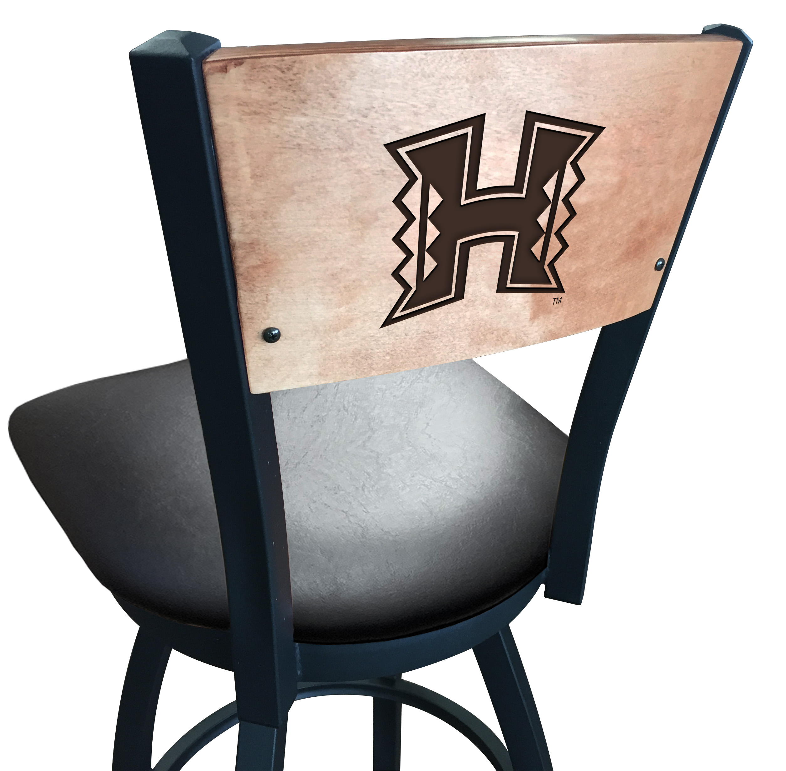 Picture of Holland Bar Stool L03830BWMedMplAHawaiiBlkVinyl 30 in. L038 - Black Wrinkle Hawaii Swivel Bar Stool with Laser Engraved Back