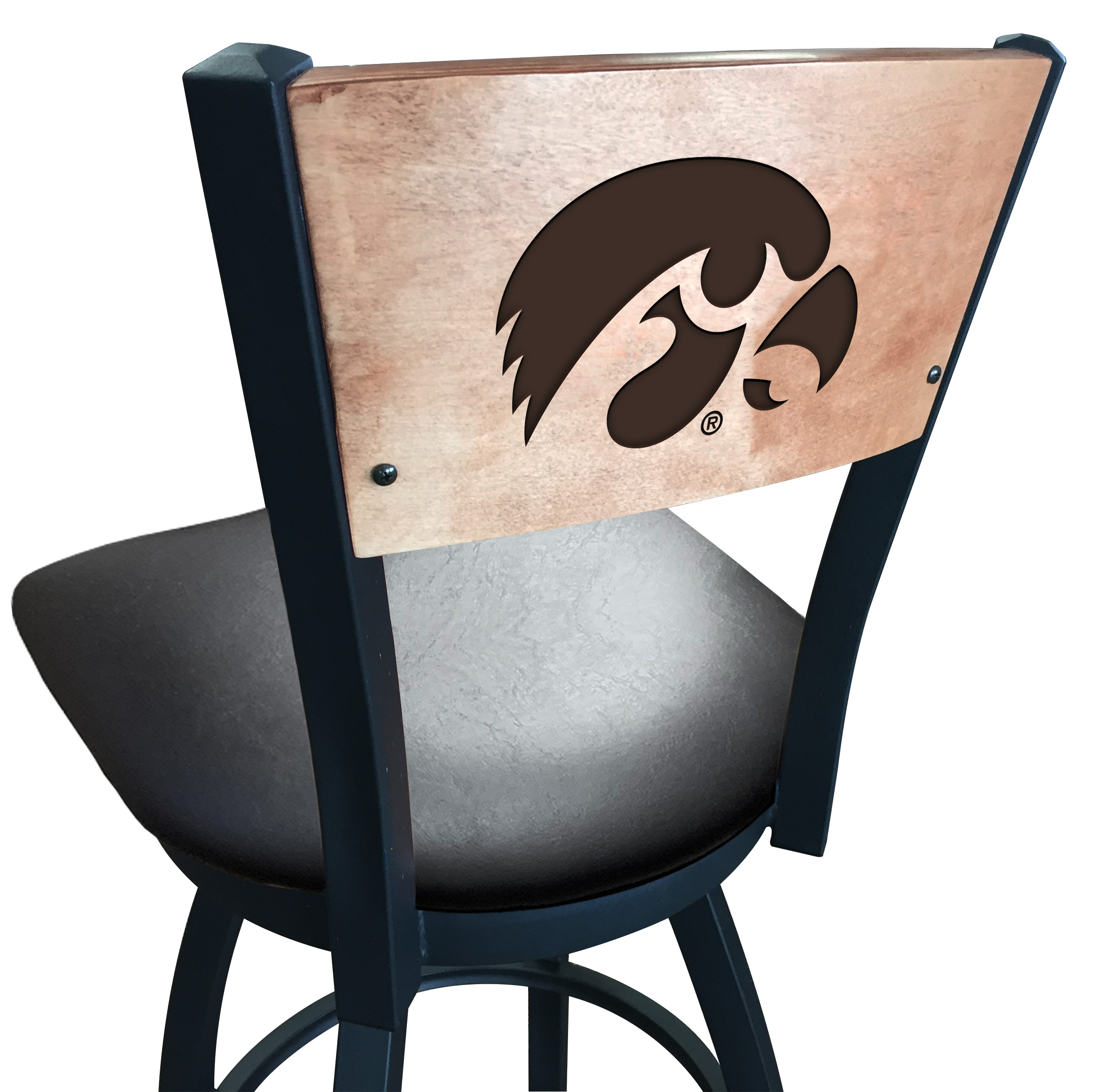 Picture of Holland Bar Stool L03830BWMedMplAIowaUnBlkVinyl 30 in. L038 - Black Wrinkle Iowa Swivel Bar Stool with Laser Engraved Back