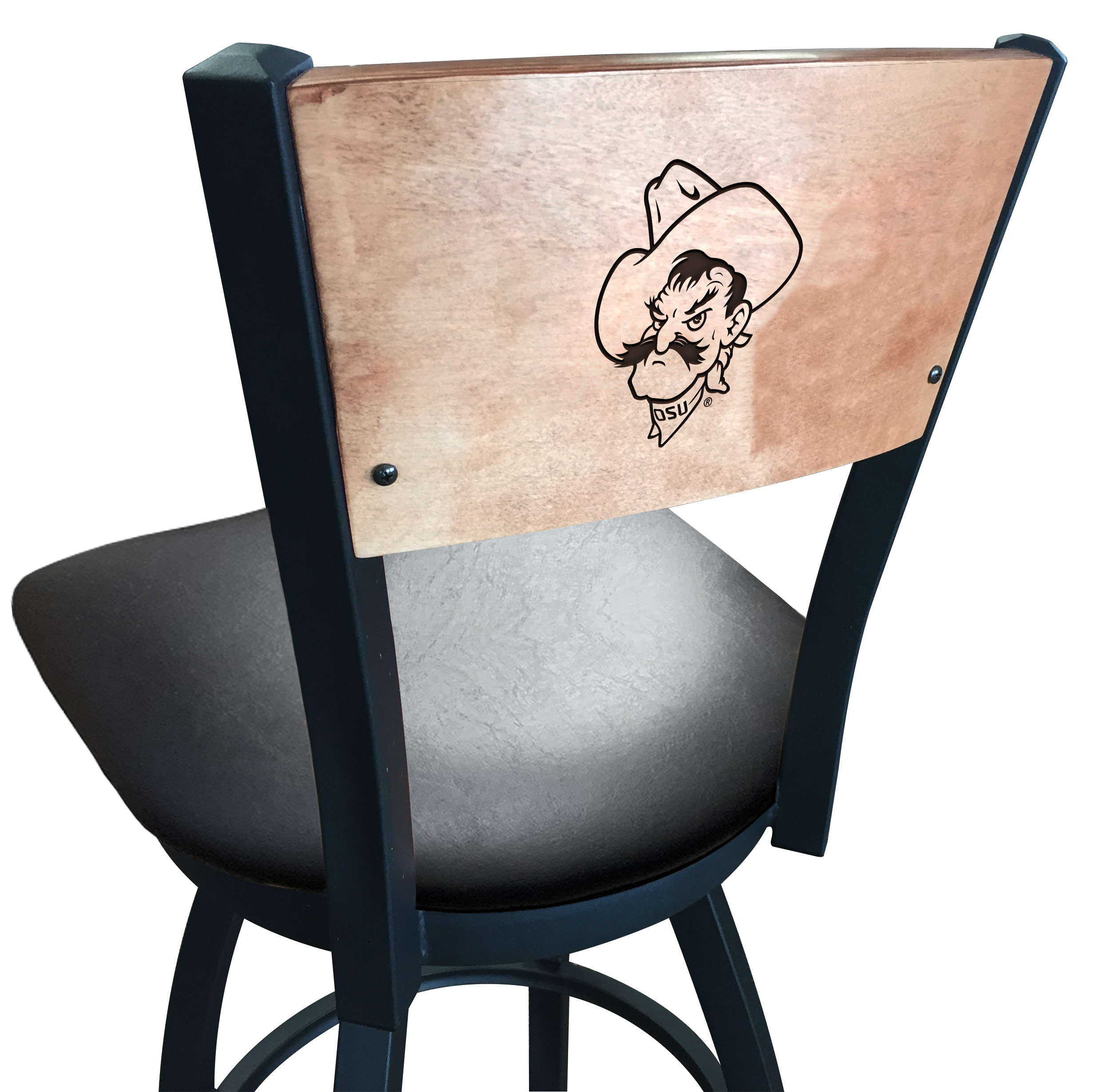 Picture of Holland Bar Stool L03830BWMedMplAOKStUnBlkVinyl 30 in. L038 - Black Wrinkle Oklahoma State Swivel Bar Stool with Laser Engraved Back
