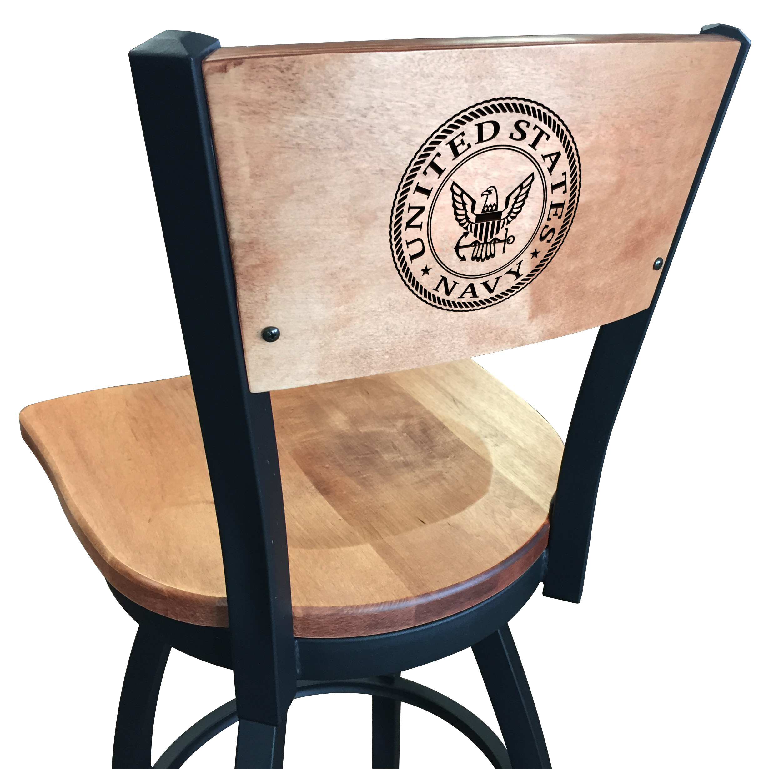 Picture of Holland Bar Stool L03830BWMedMplANavyMedMpl 30 in. L038 - Black Wrinkle U.S. Navy Swivel Bar Stool with Laser Engraved Back