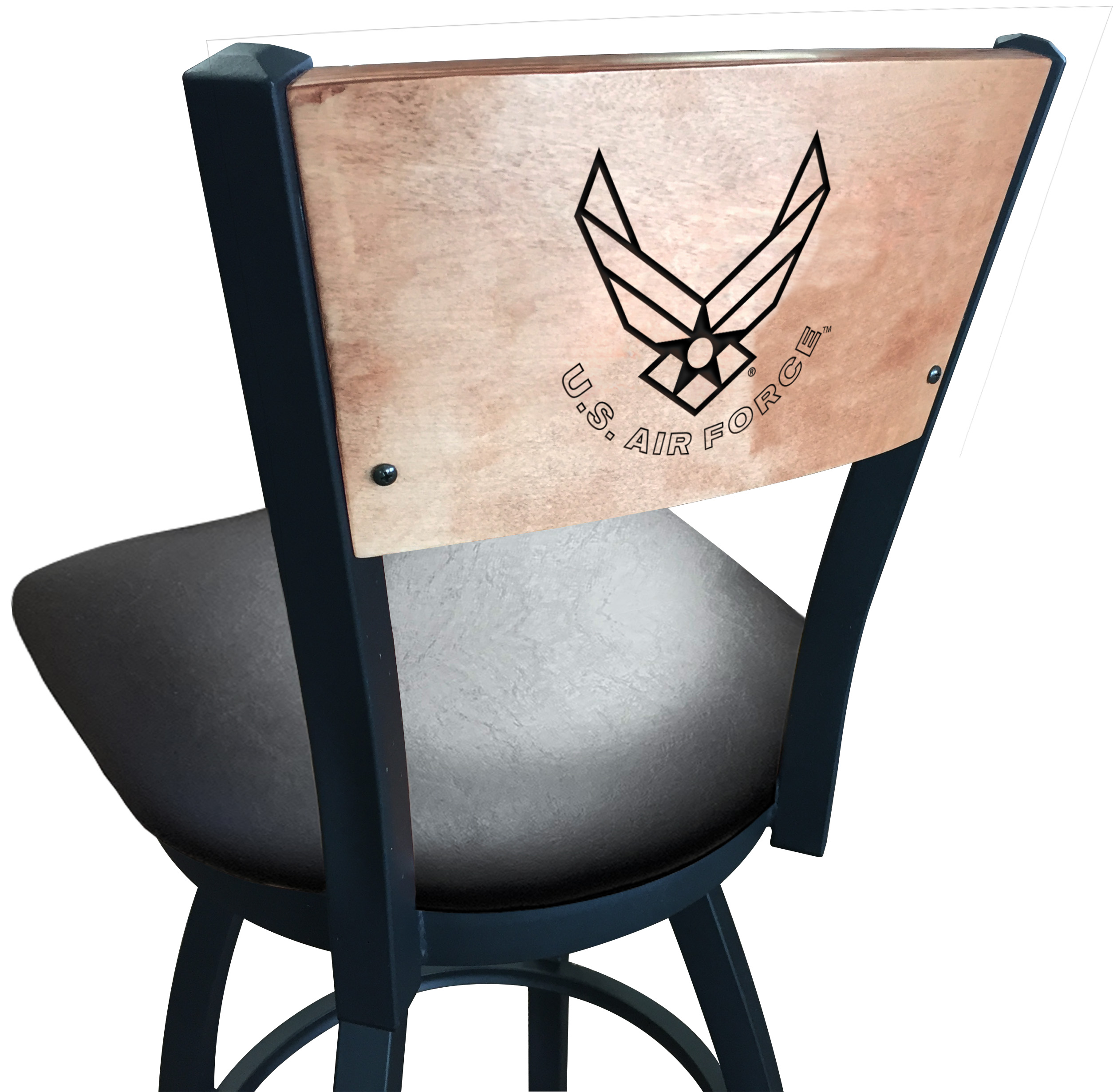 Picture of Holland Bar Stool L03836BWMedMplAAirForBlkVinyl 36 in. L038 - Black Wrinkle U.S. Air Force Swivel Bar Stool with Laser Engraved Back