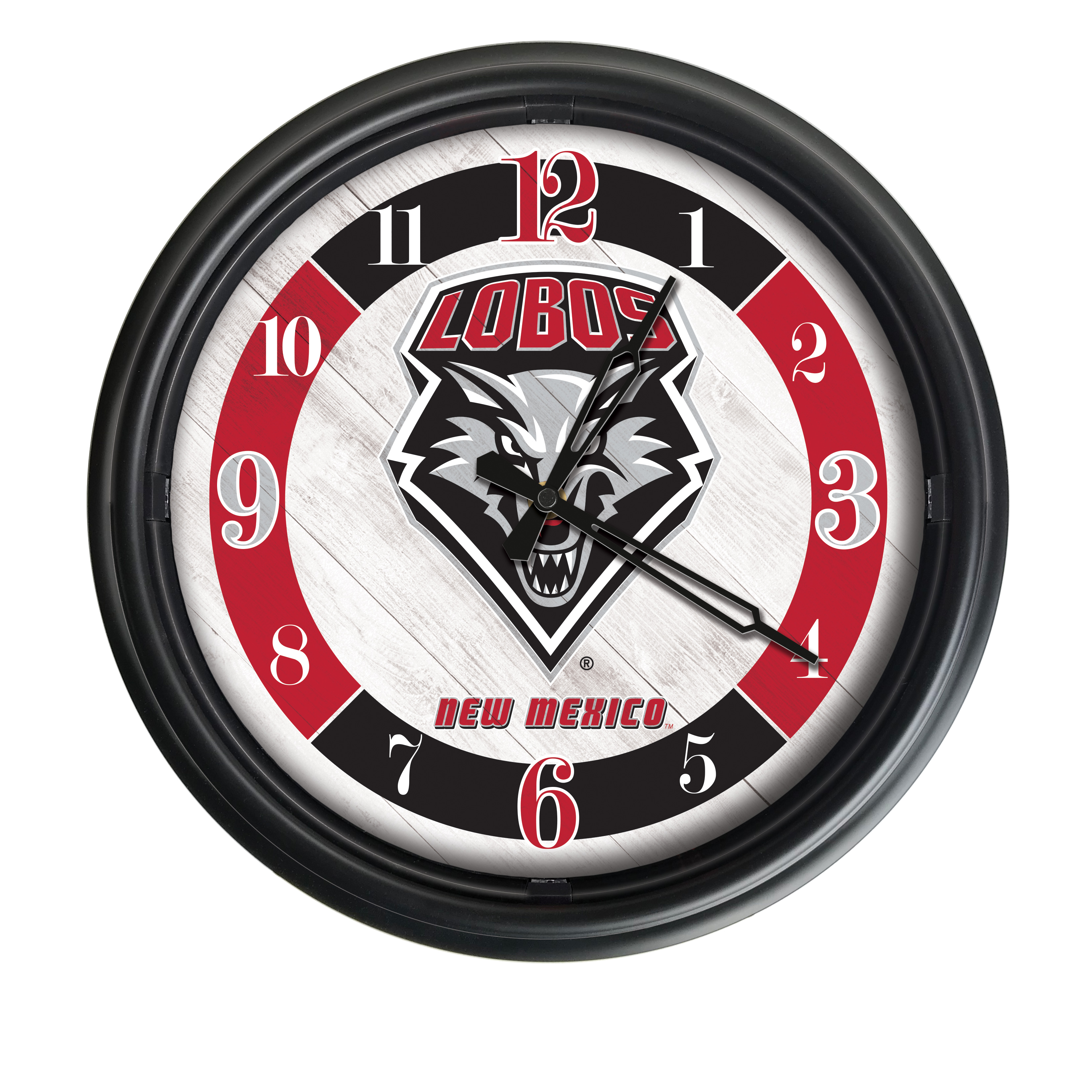 ODClk14BK-08NewMex 14 in. Dia. University of New Mexico Indoor & Outdoor LED Wall Clock, Black -  Holland Bar Stool