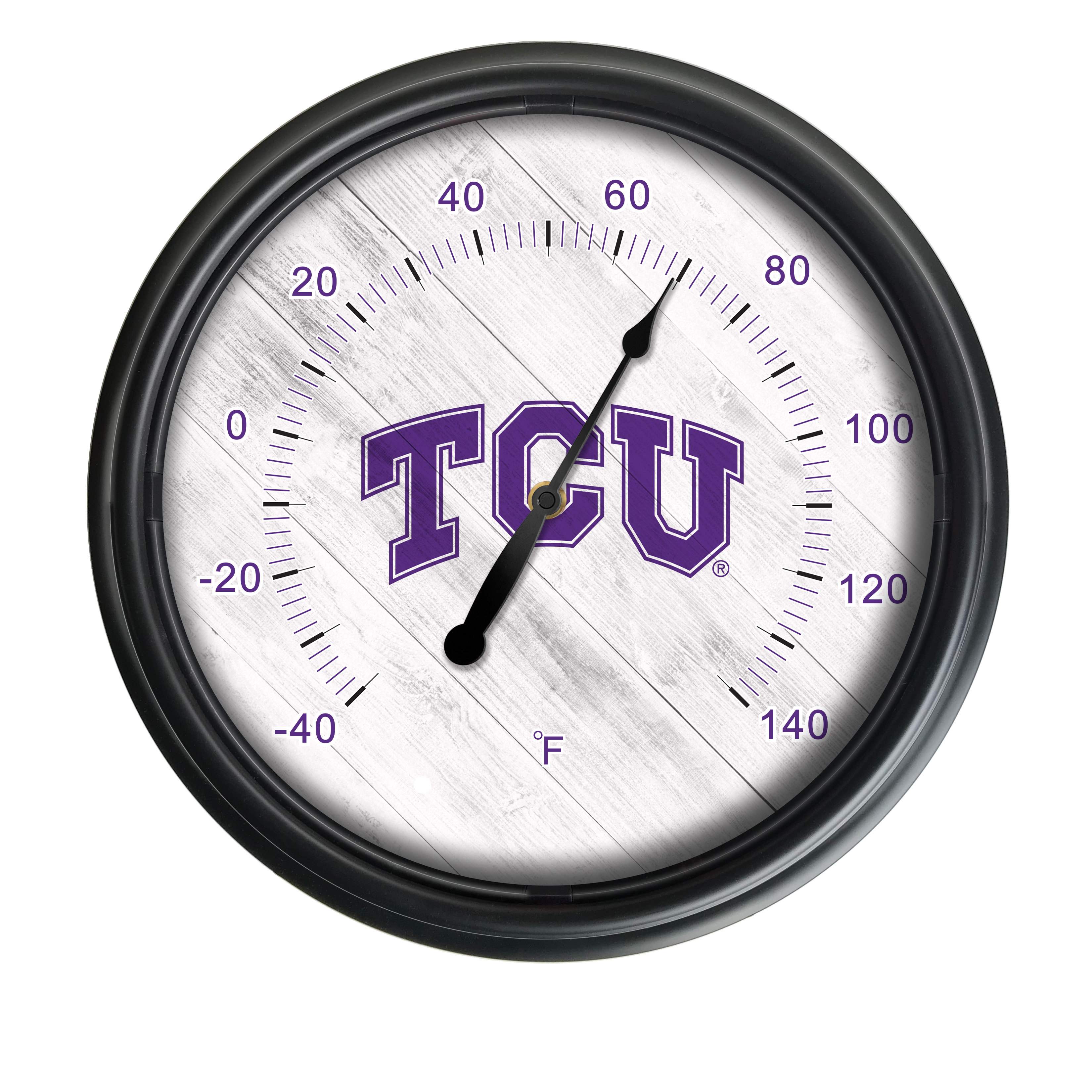 ODThrm14BK-08TexChr NCAA Texas Christian University Horned Frogs 14 in. Dia. Indoor & Outdoor LED Thermometer, Black