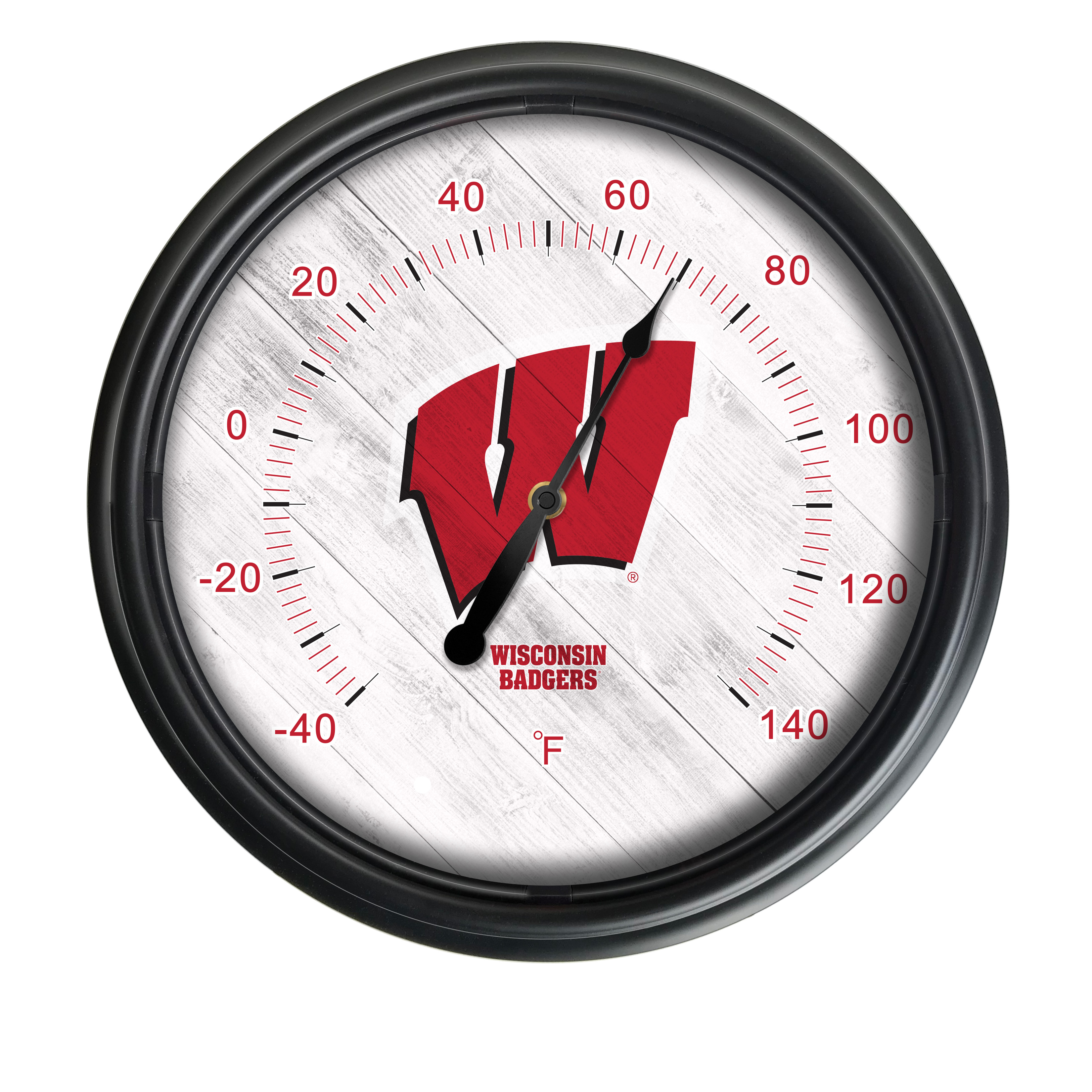ODThrm14BK-08Wisc-W NCAA Wisconsin Badgers 14 in. Dia. Indoor & Outdoor LED Thermometer, Black