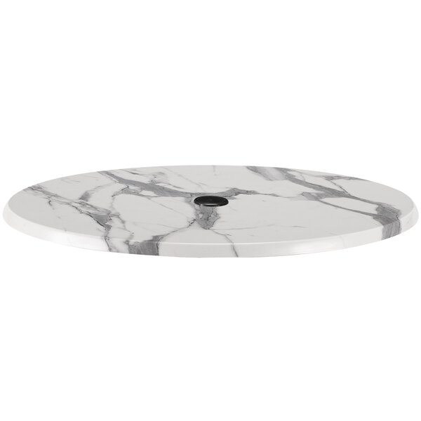 30 in. Dia. White Marble, Indoor & Outdoor All-Season Round Enduro Table Top with Umbrella Hole, White & Marble Satin