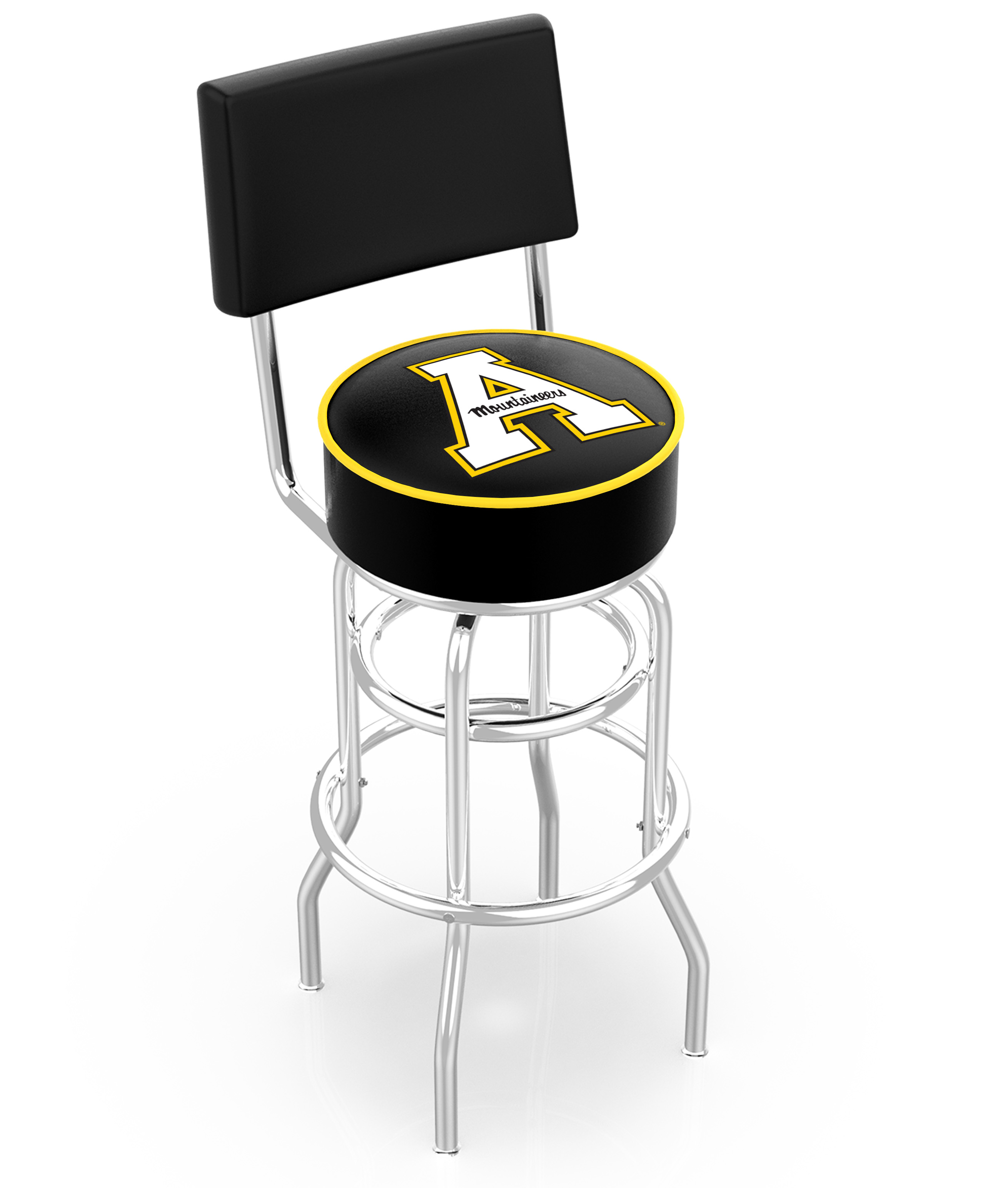 L7C425AppStU 25 in. Chrome Double Ring Appalachian State Swivel Bar Stool With a Back