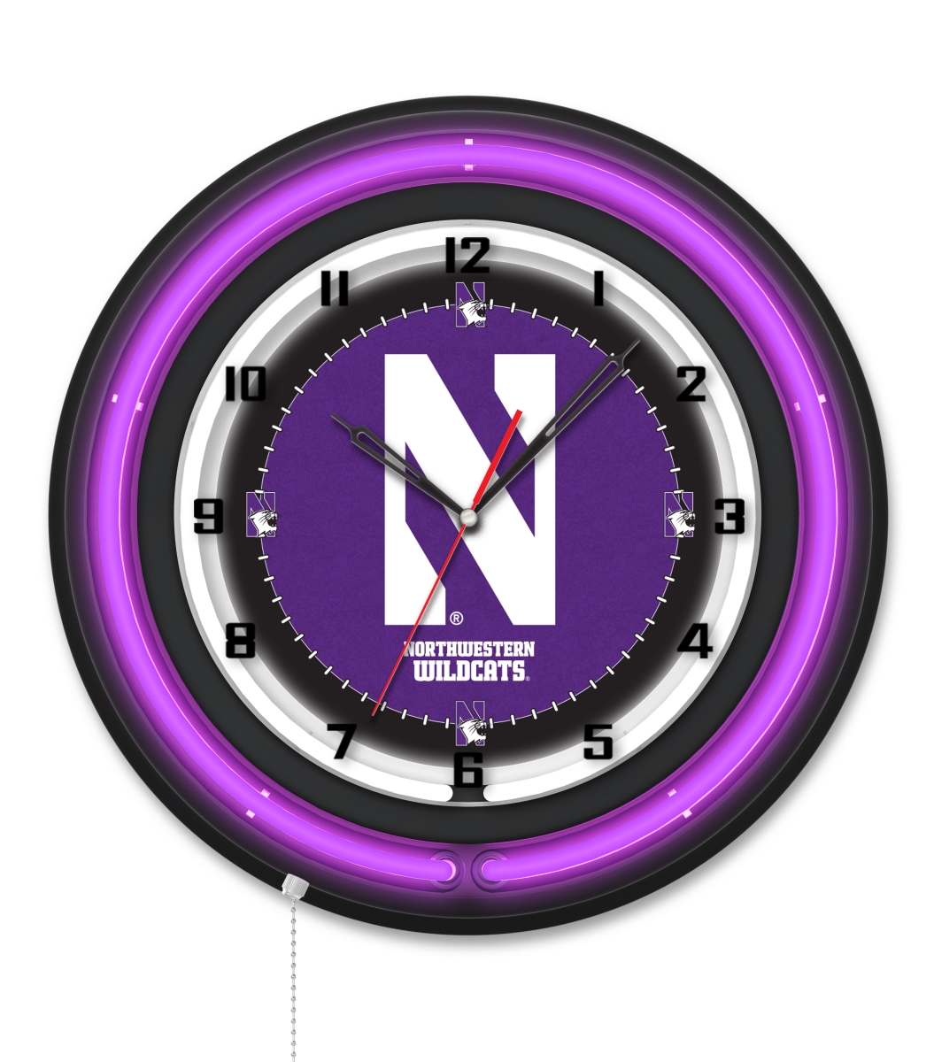 Clk19BKNthwst NCAA 19 in. Dia. Northwestern University Double Neon Wall Clock, Black